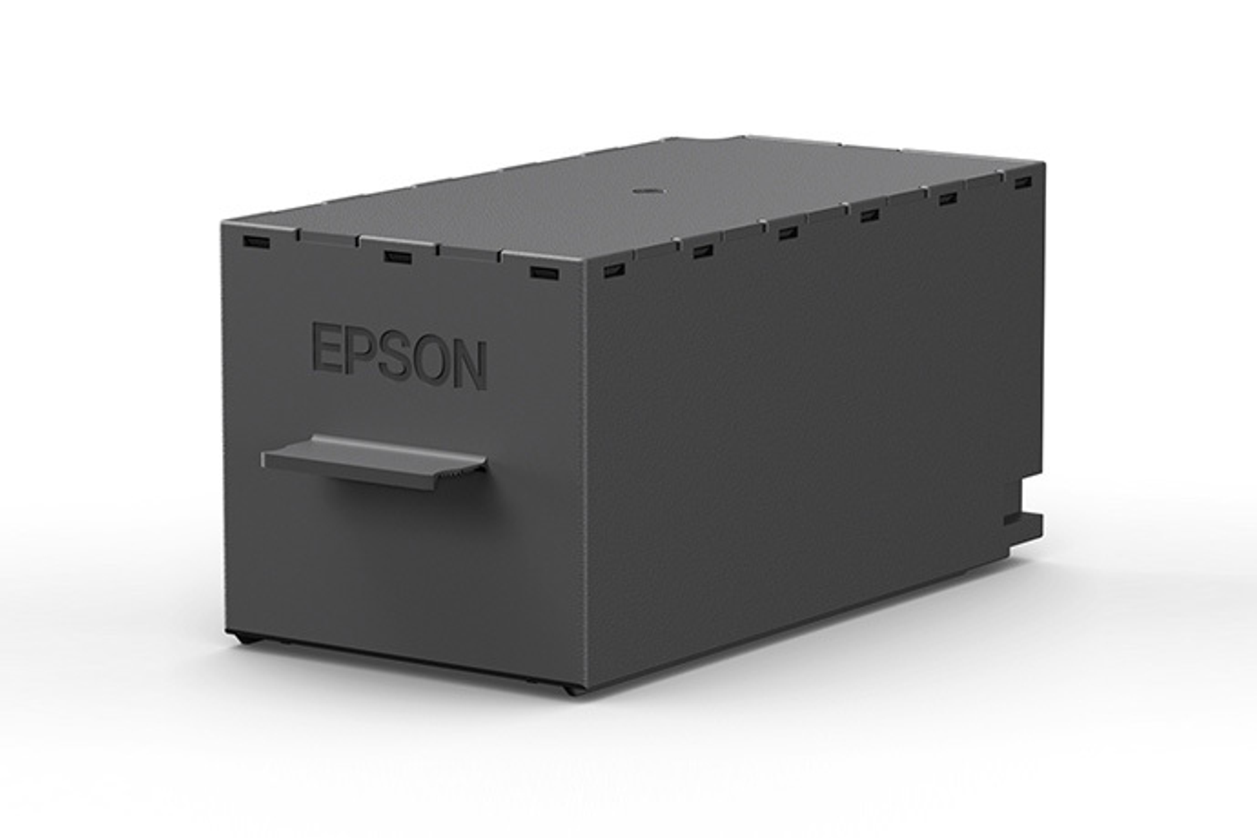 Un serbatoio d'inchiostro Epson grigio scuro con maniglia frontale, su sfondo bianco.