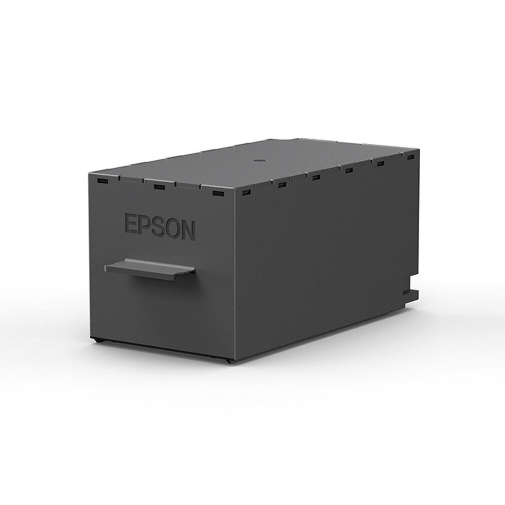 Una cartuccia d'inchiostro Epson grigio scuro con una piccola leva sul davanti.