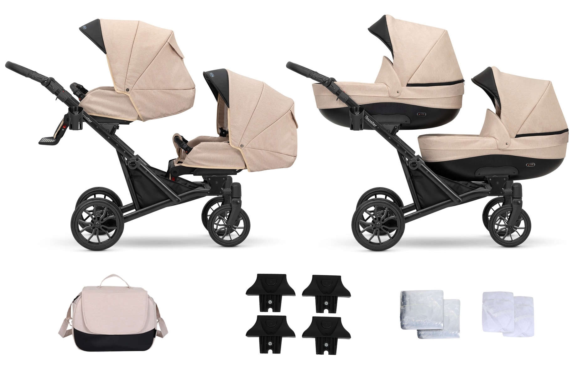 Beige und schwarze Kinderwagen, Tasche, Adapter und Netzabdeckungen auf weißem Grund.