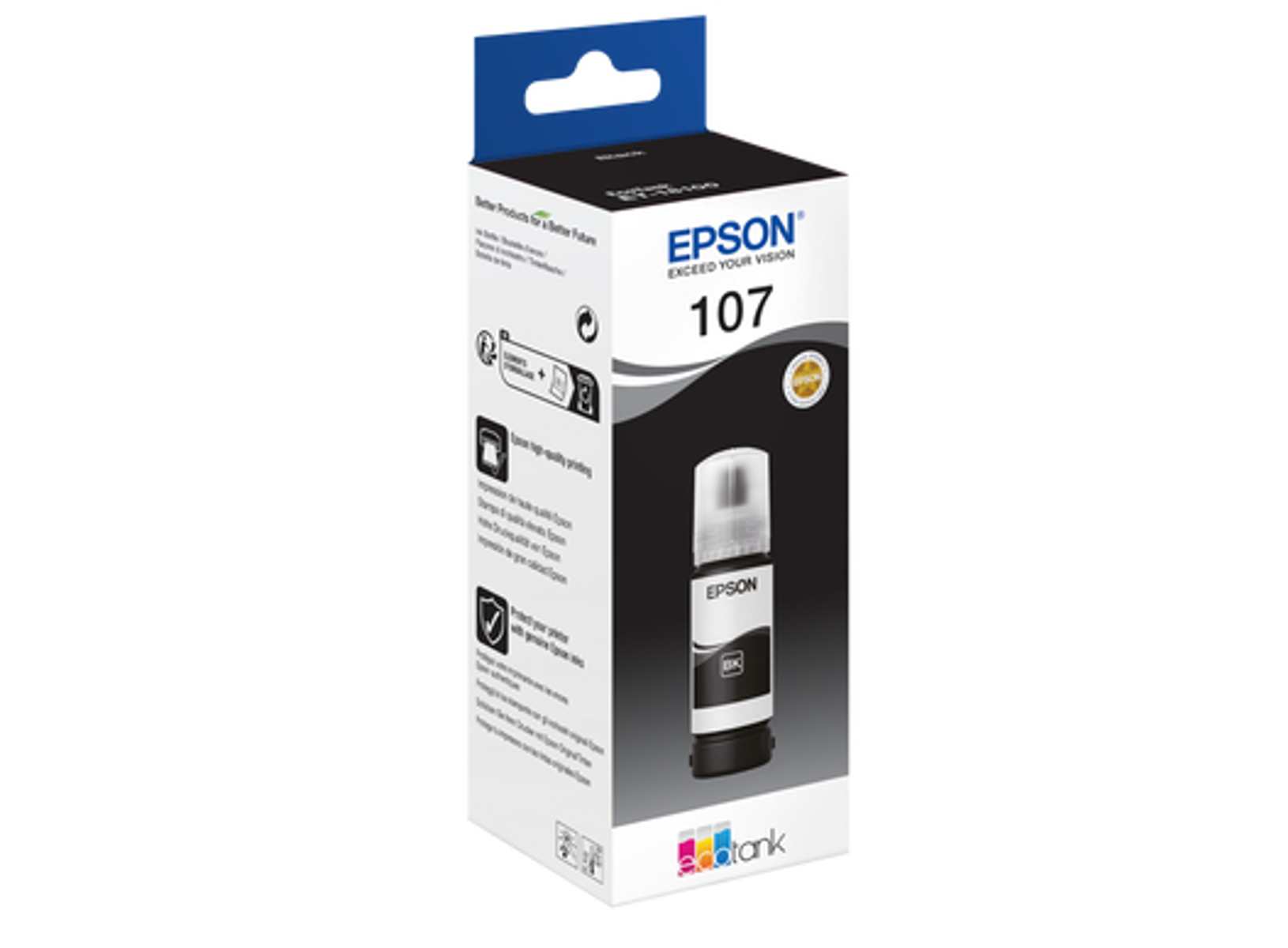 Flacone d'inchiostro nero Epson EcoTank 107 su scatola bianca con dettagli e loghi.
