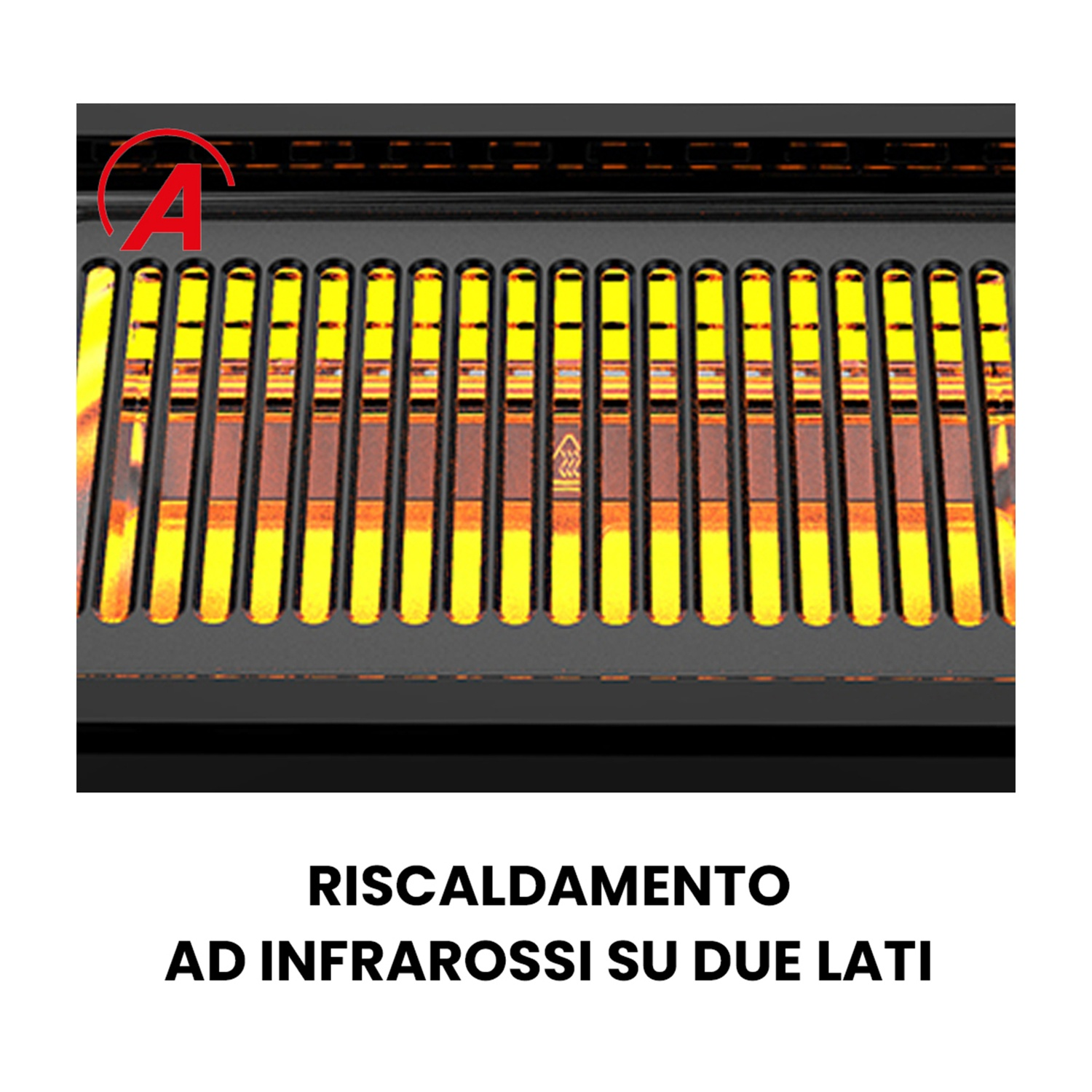 Primo piano di una griglia con elementi riscaldanti arancioni incandescenti visibili attraverso barre nere.