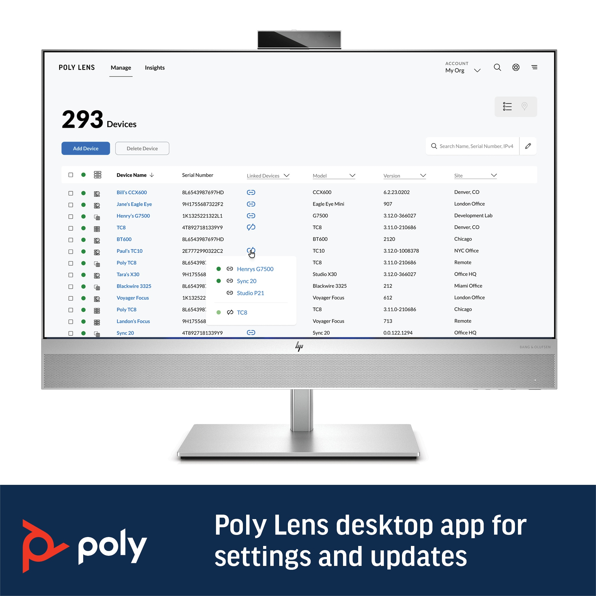La aplicación Poly Lens muestra 293 dispositivos con detalles como nombre, número de serie y sitio.