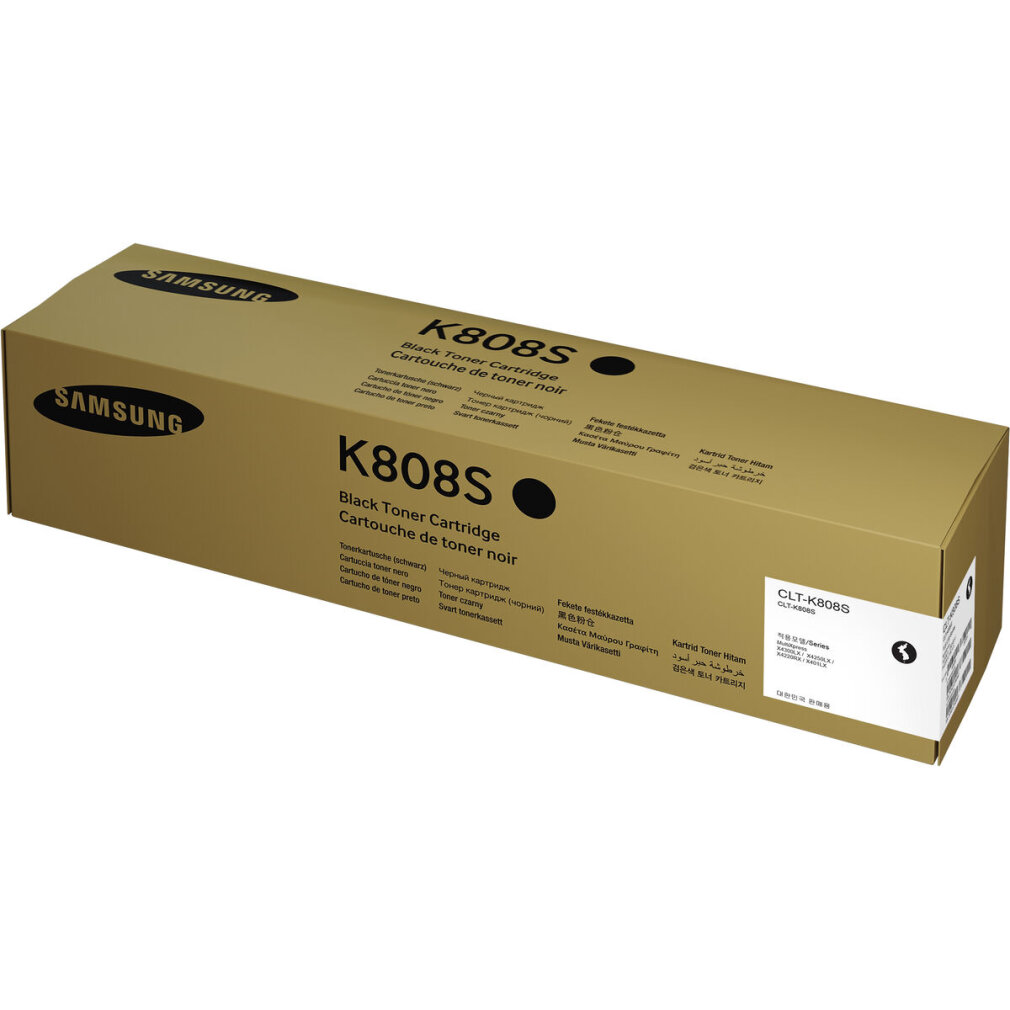 Eine goldene Samsung-Verpackung für eine schwarze K808S-Tonerkartusche.