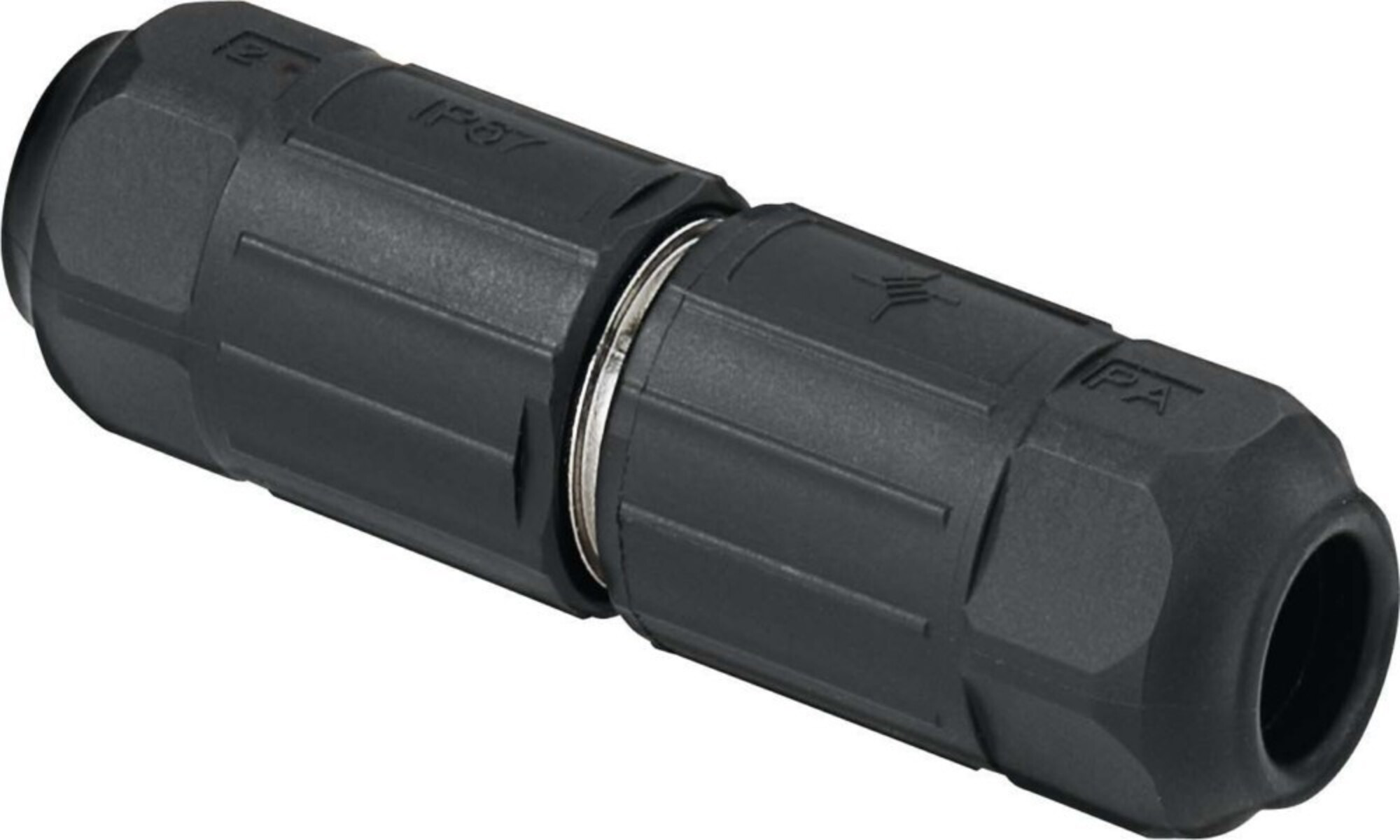 Connettore nero scanalato con marcatura IP67 e filettatura.