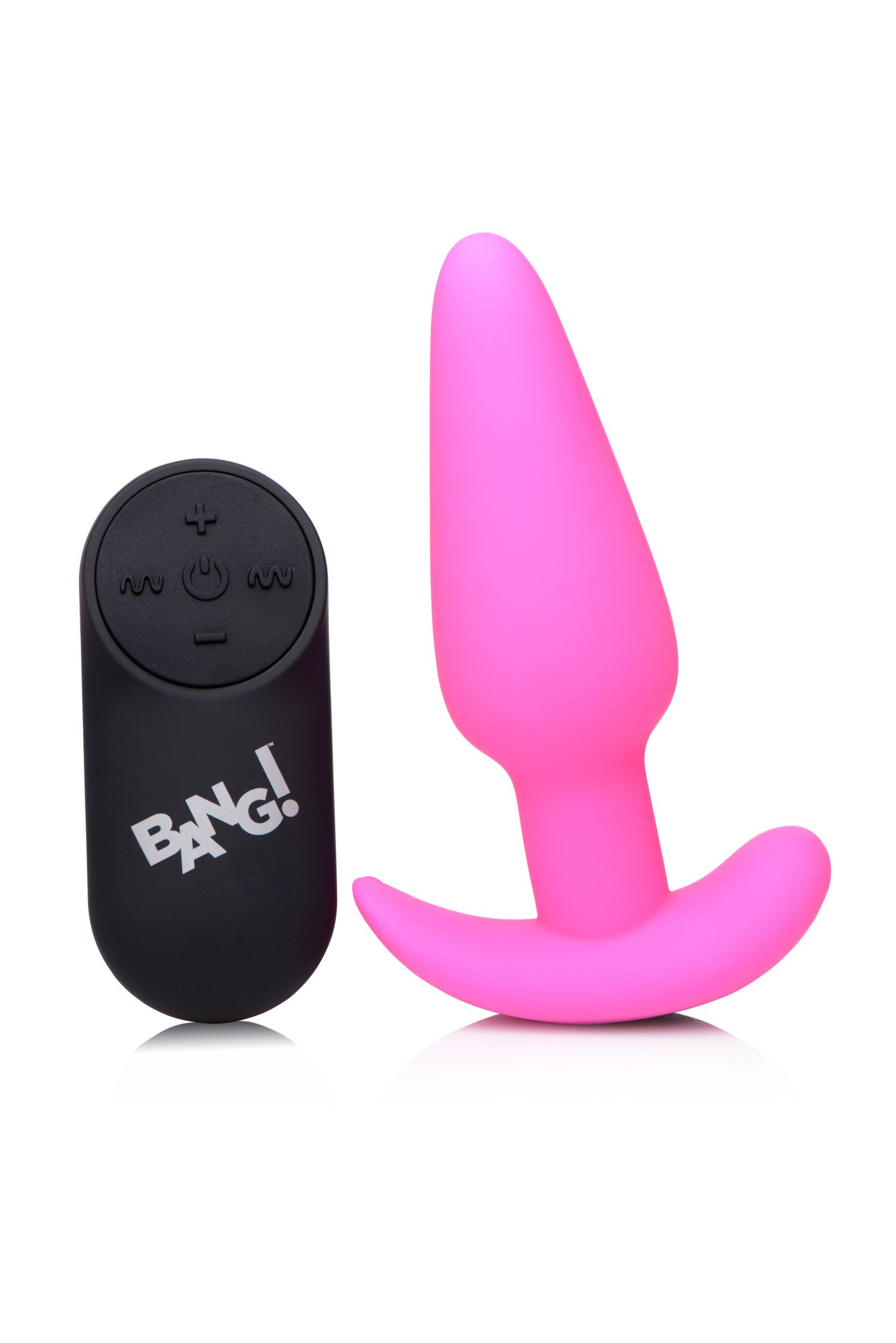Ein pinker Butt-Plug mit gebogener Basis neben einer schwarzen Fernbedienung mit Tasten.