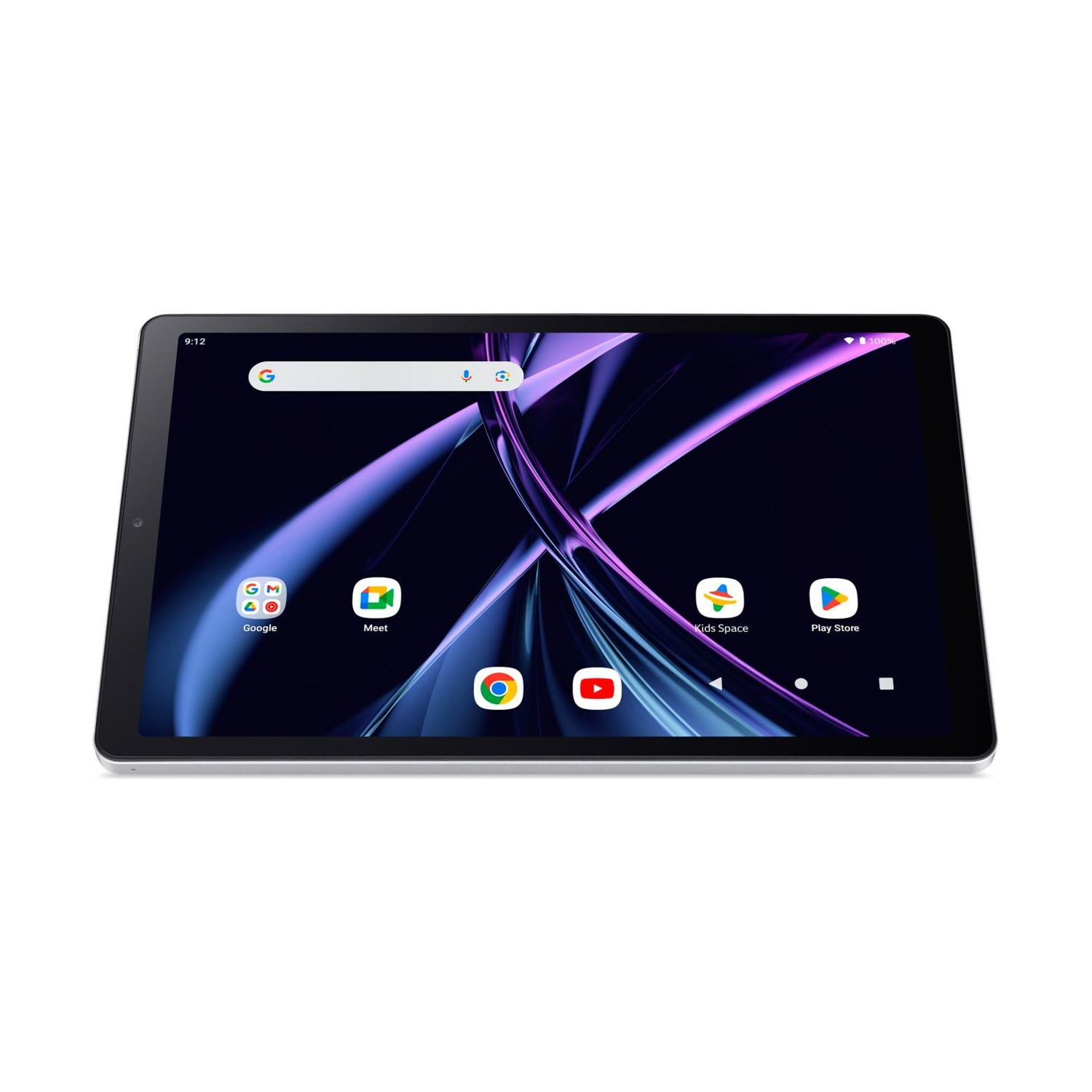 Czarny tablet wyświetla ciemną tapetę z fioletowymi abstrakcyjnymi liniami. Widoczne są aplikacje.