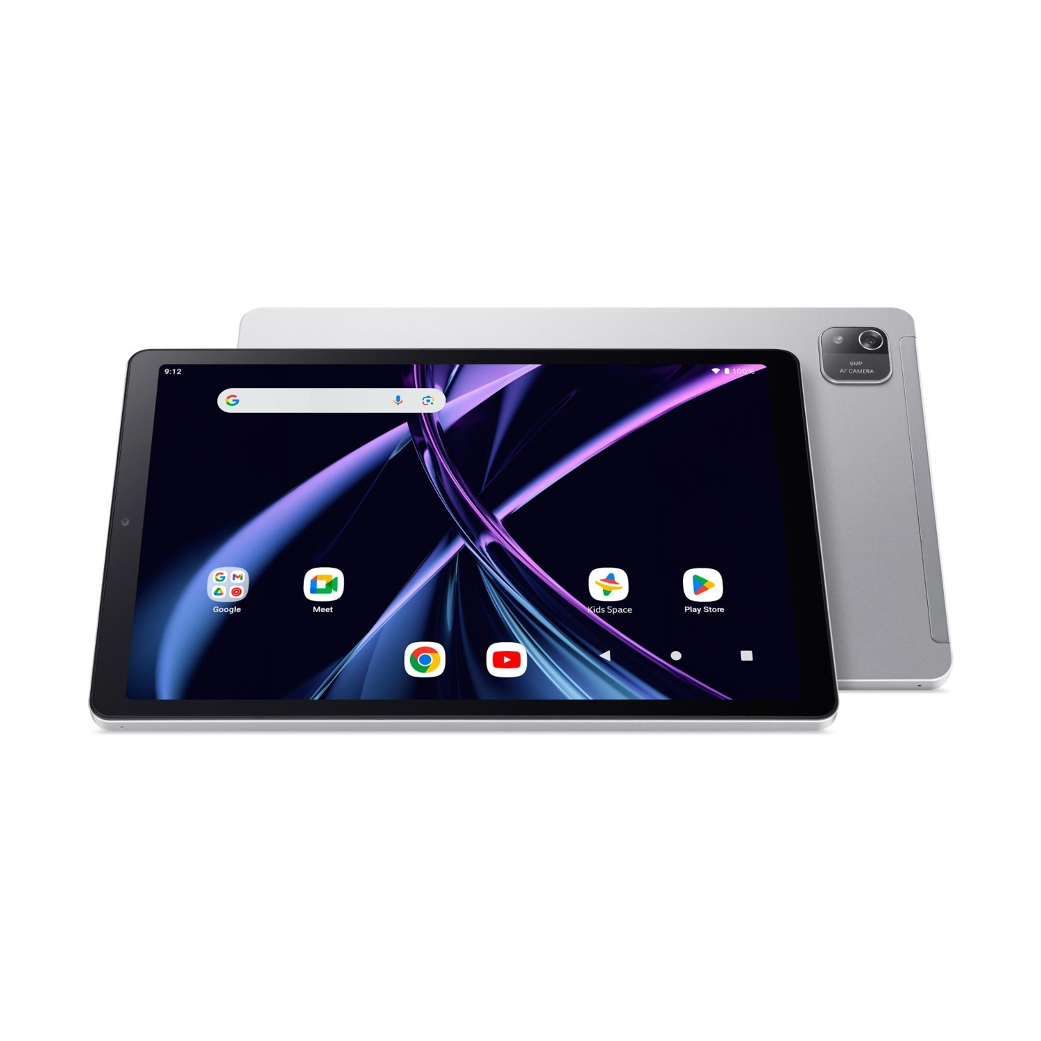 Srebrny tablet z ciemnym ekranem wyświetlającym ikony aplikacji i fioletową tapetę abstrakcyjną.