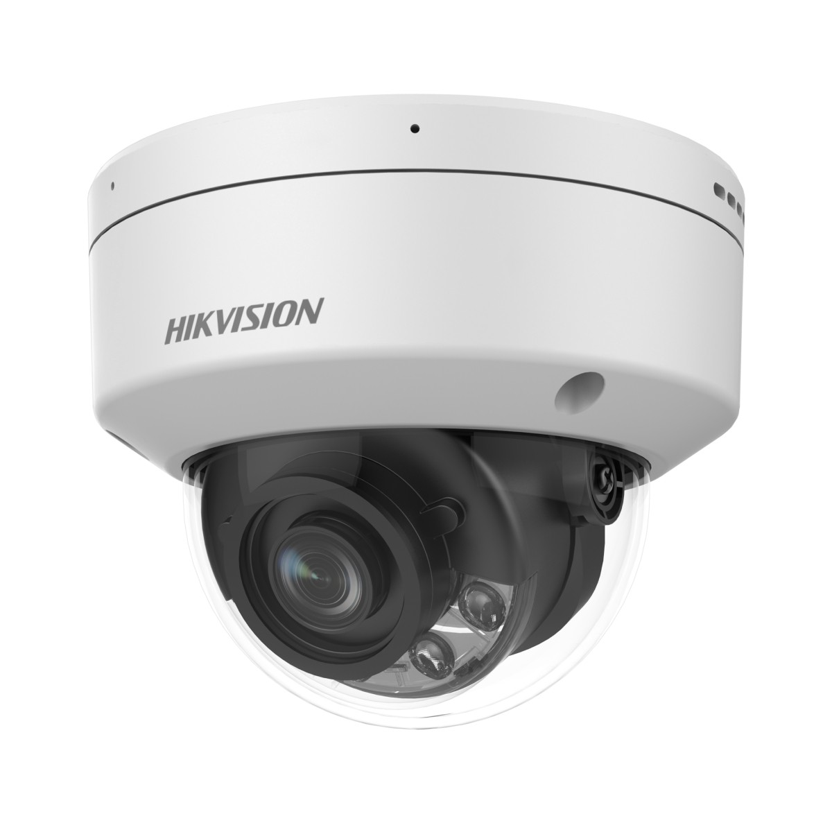 Una telecamera dome Hikvision bianca con obiettivo nero e LED IR.