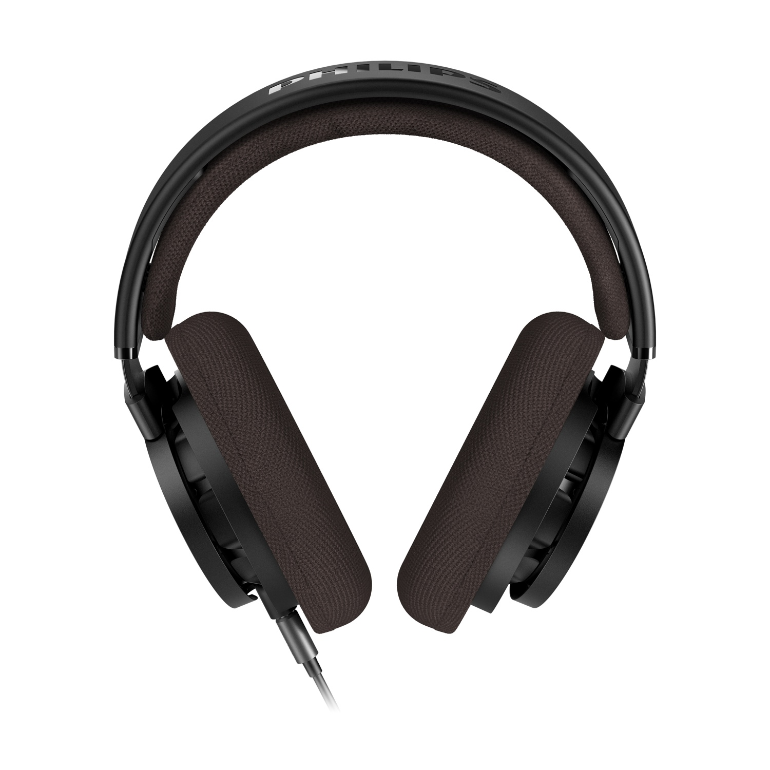 Czarne słuchawki nauszne z brązowymi nausznikami z tkaniny i czarnym pałąkiem. Biały napis.