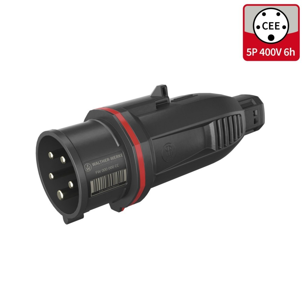 Spina CEE nera con anello rosso, 5 pin visibili. Logo CEE, 5P 400V 6h.