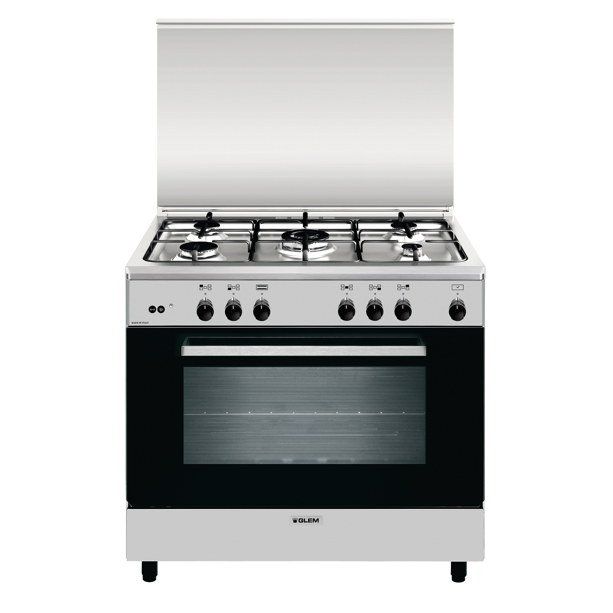 Un fornello a gas argentato con quattro fuochi e un forno sotto. Il coperchio è aperto.