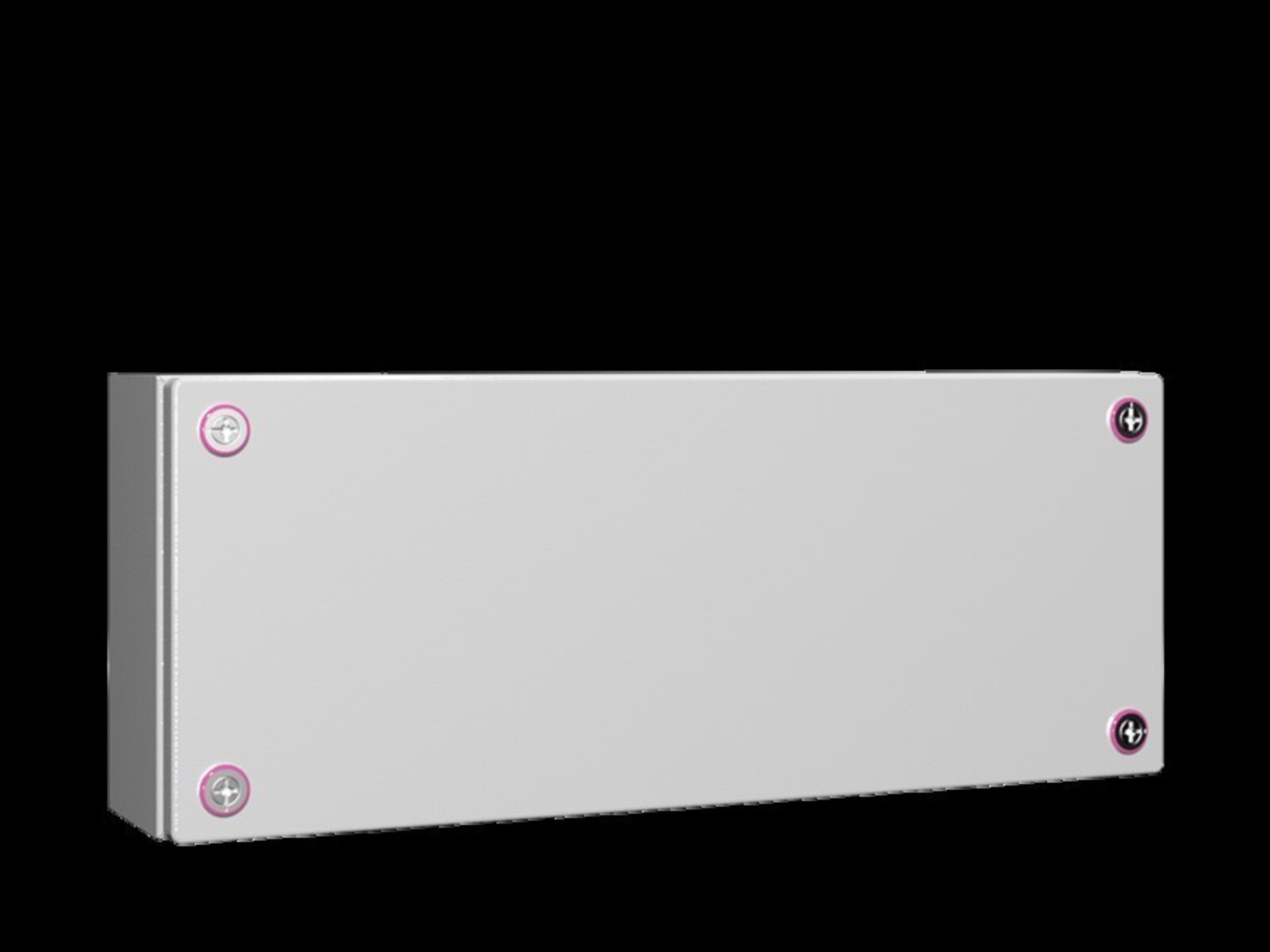 Un contenitore rettangolare grigio con quattro viti argentate e dettagli rosa.