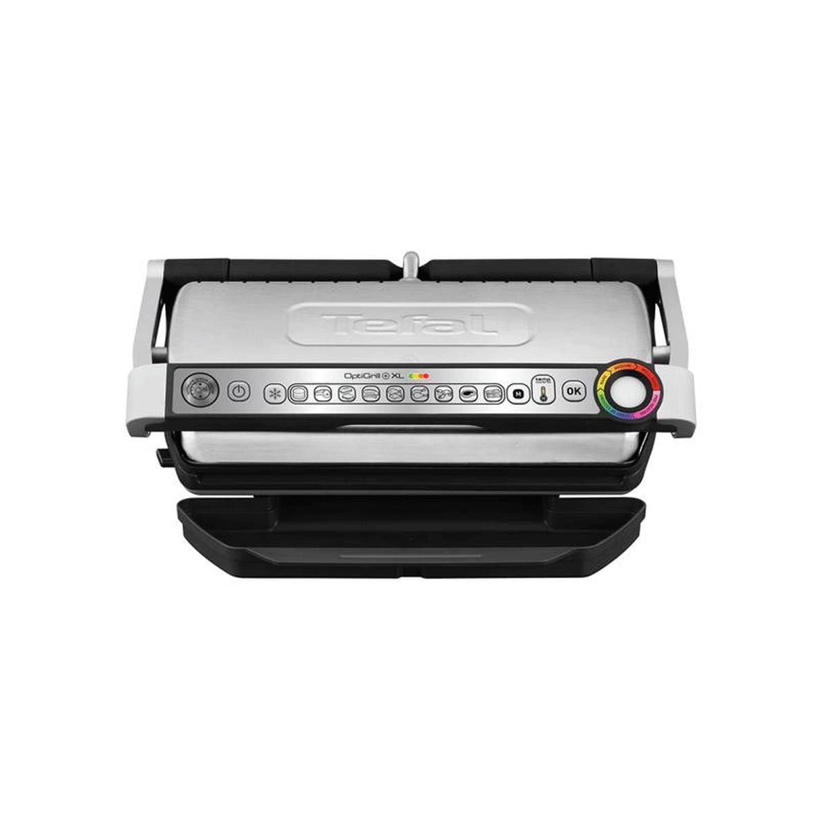 Una Tefal OptiGrill XL argento e nero con pulsanti di controllo e indicatore di colore rotondo.