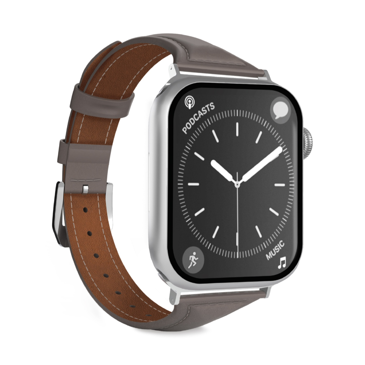Uno smartwatch argentato con cinturino in pelle grigia e quadrante nero che mostra l'ora.