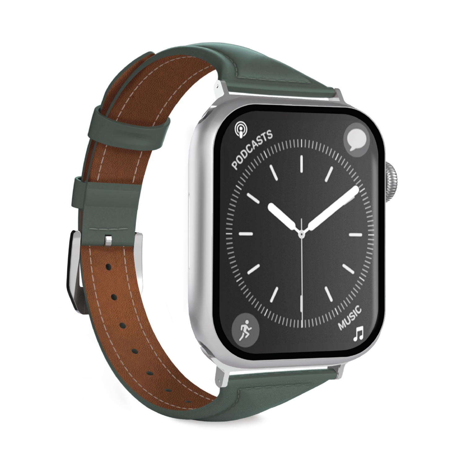 Un reloj inteligente con banda verde y interior marrón, mirando hacia la izquierda sobre fondo blanco.