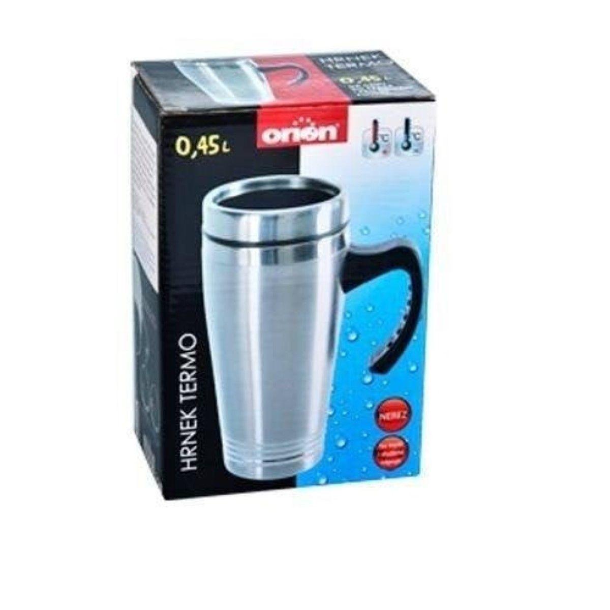 Se muestra una taza termo plateada Orion de 0,45L, con asa negra, en su embalaje.
