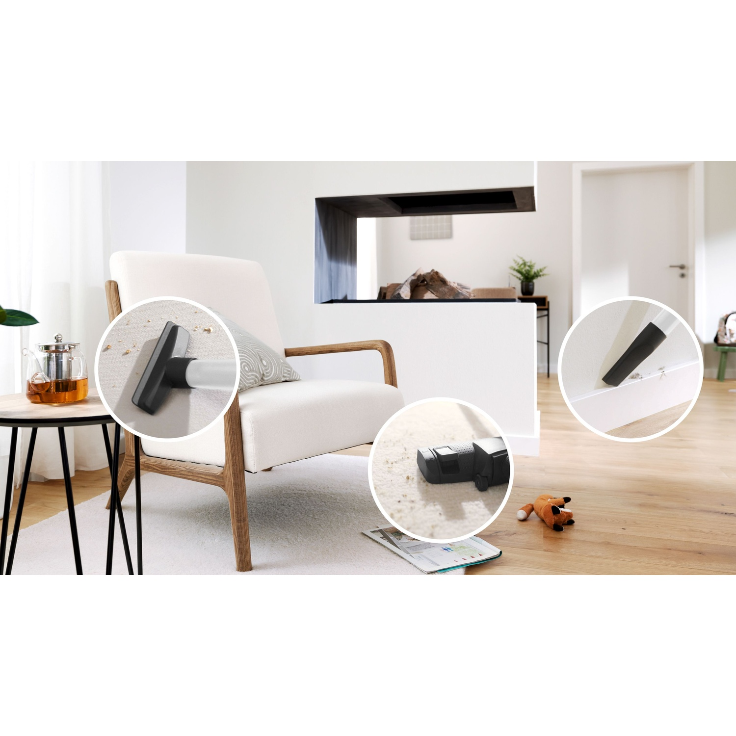 Scena w salonie z białym fotelem, stolikiem bocznym z herbatą i detalami odkurzania.