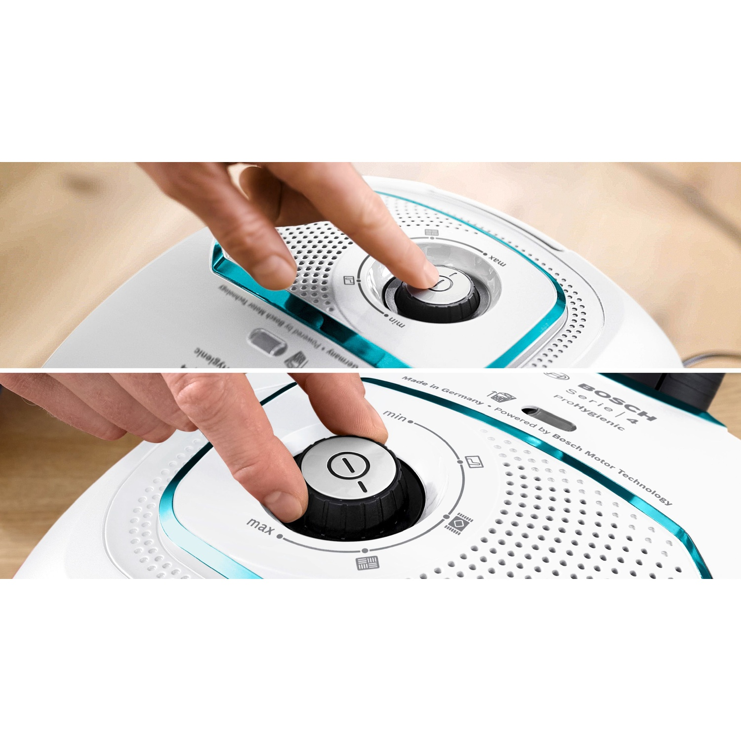 Palec reguluje pokrętło na białym odkurzaczu Bosch. Widoczne ustawienia od Min do Max.