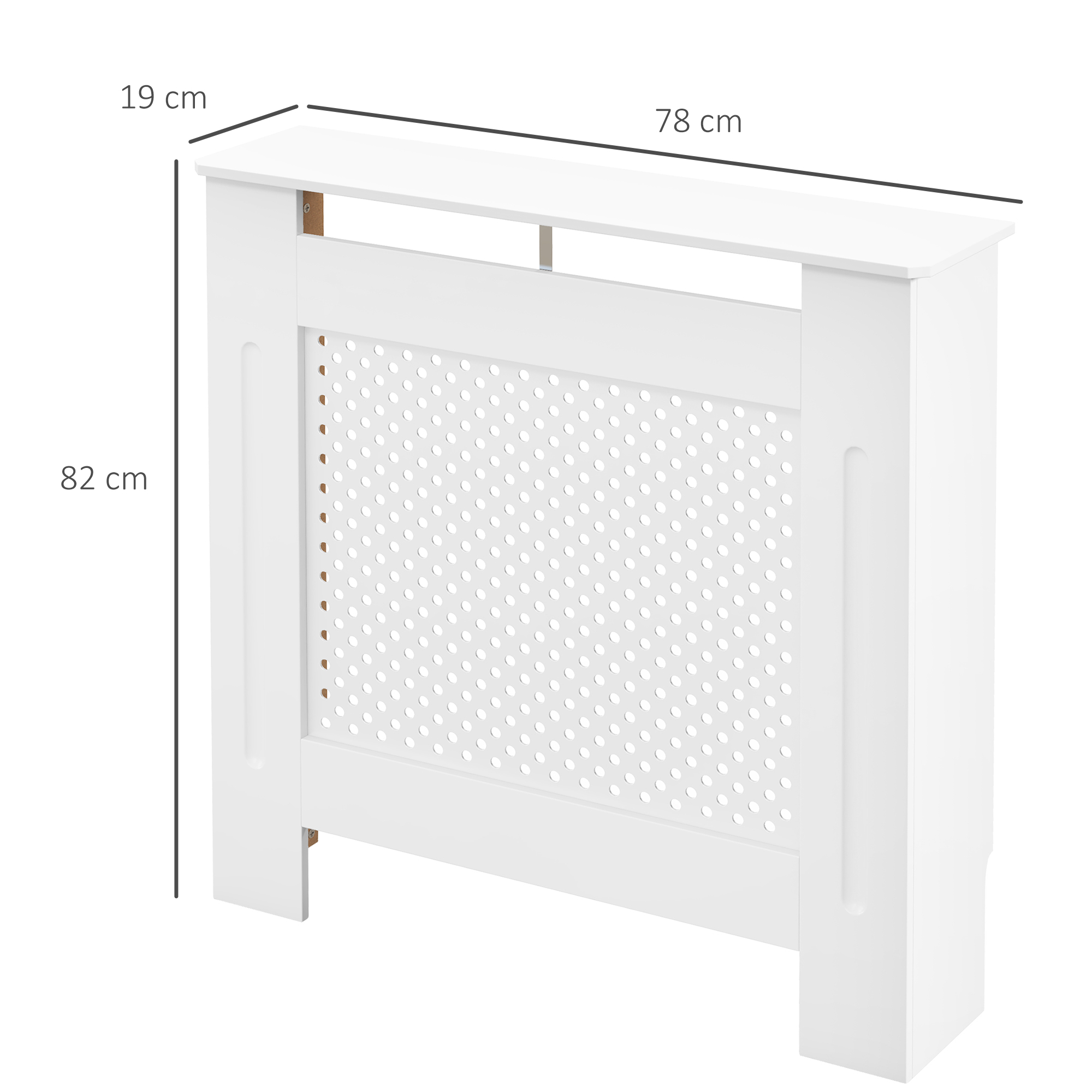 Copritermosifone bianco, alto 82 cm, largo 78 cm, profondo 19 cm. Pannello frontale forato.