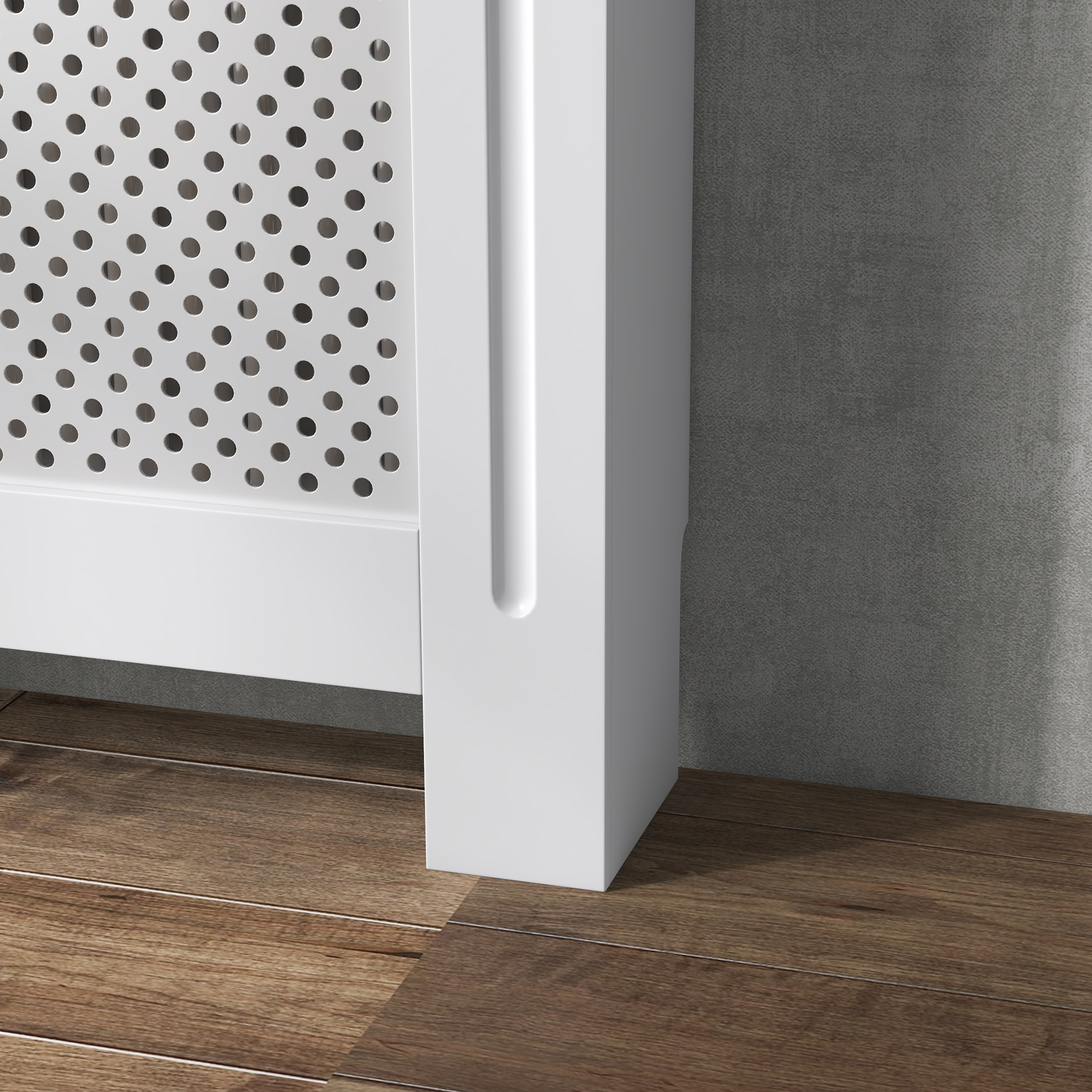 Copritermosifone bianco con motivo traforato e pavimento in legno.