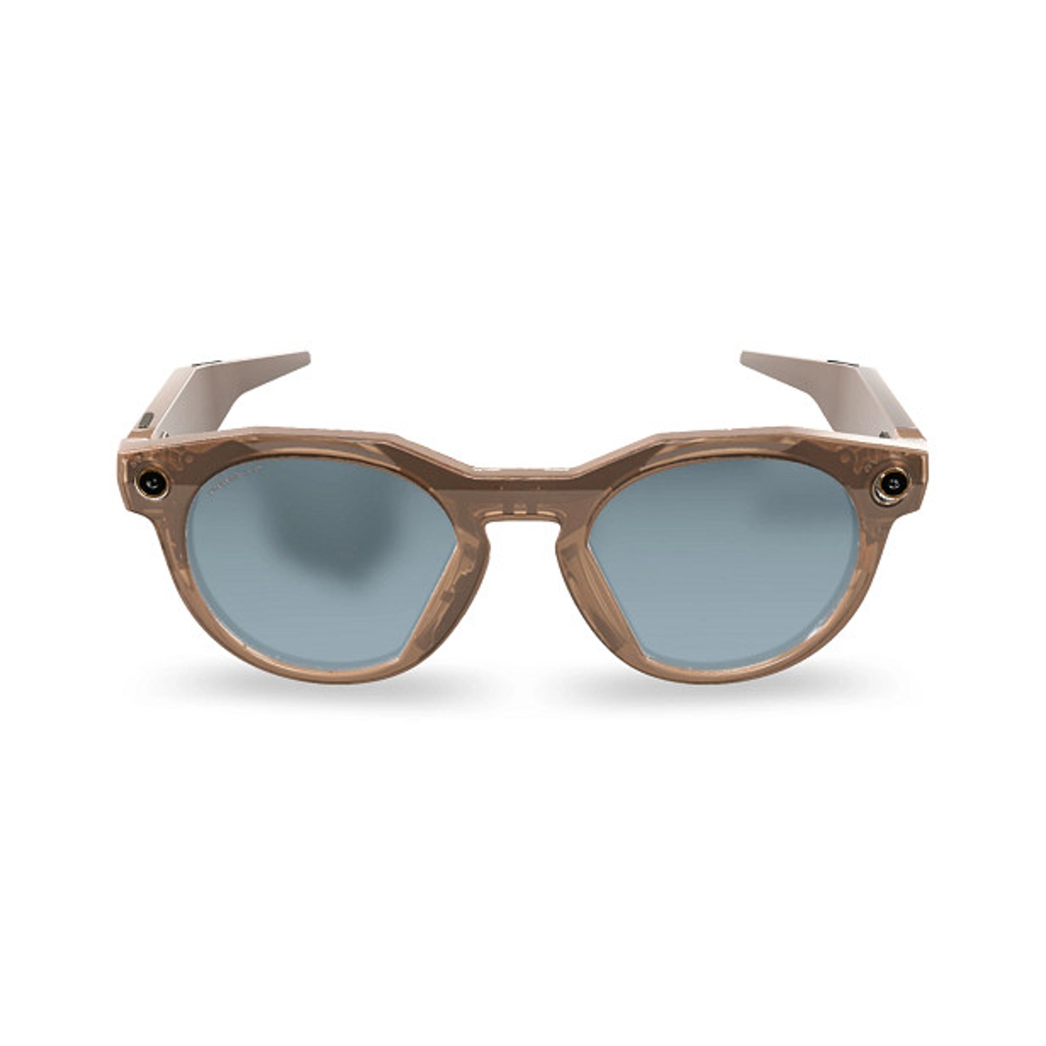 Braune Sonnenbrille mit blauen Gläsern und Kameras an den Bügeln.