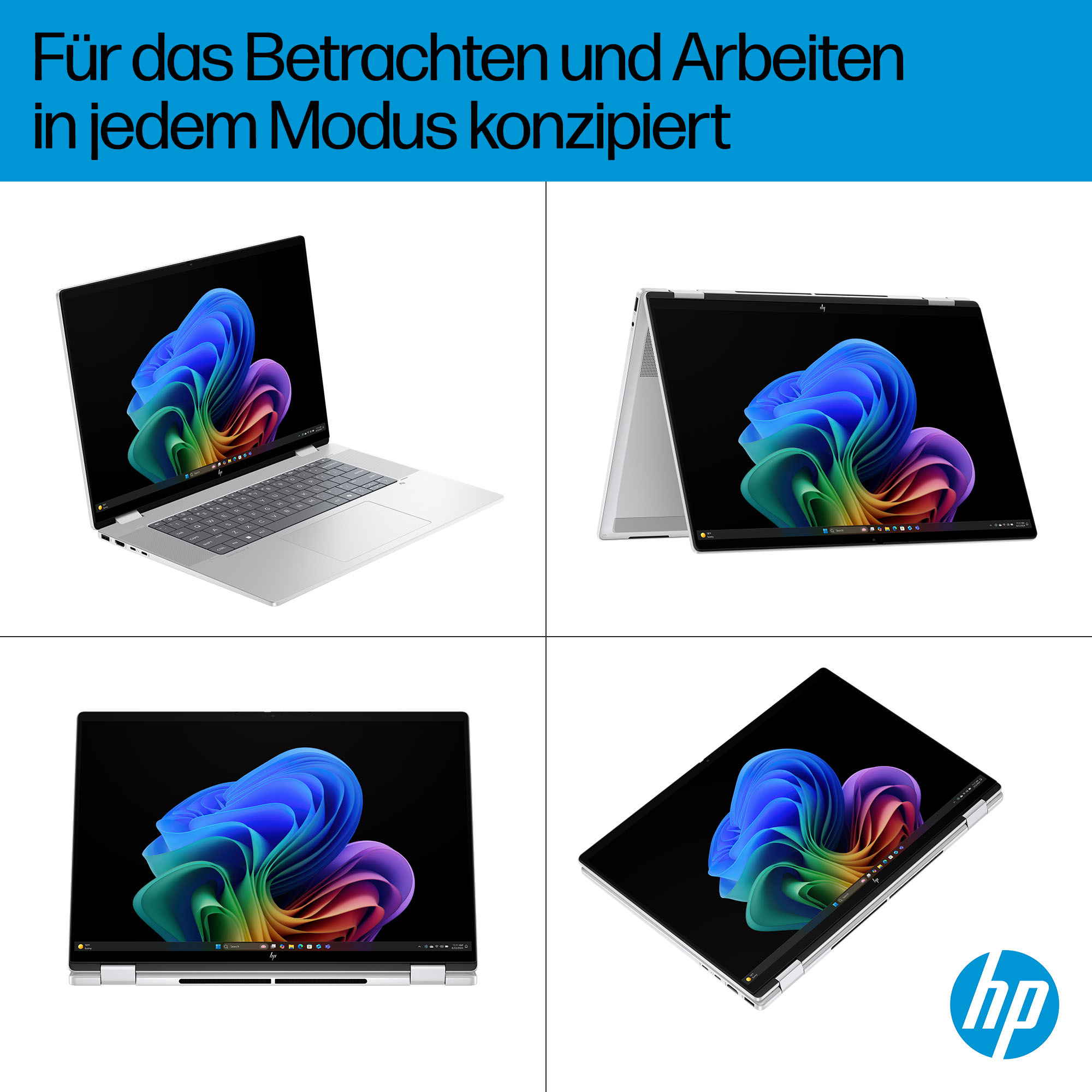Cztery widoki srebrnego laptopa HP z kolorową grafiką wygaszacza ekranu.