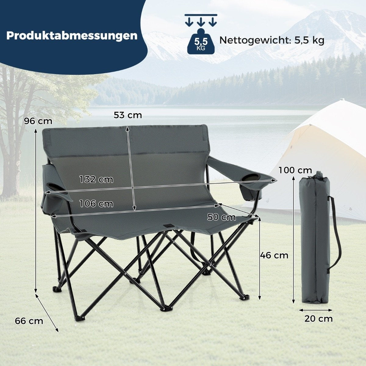 Silla de camping gris con dimensiones mostradas. Silla plegada y tienda al fondo.