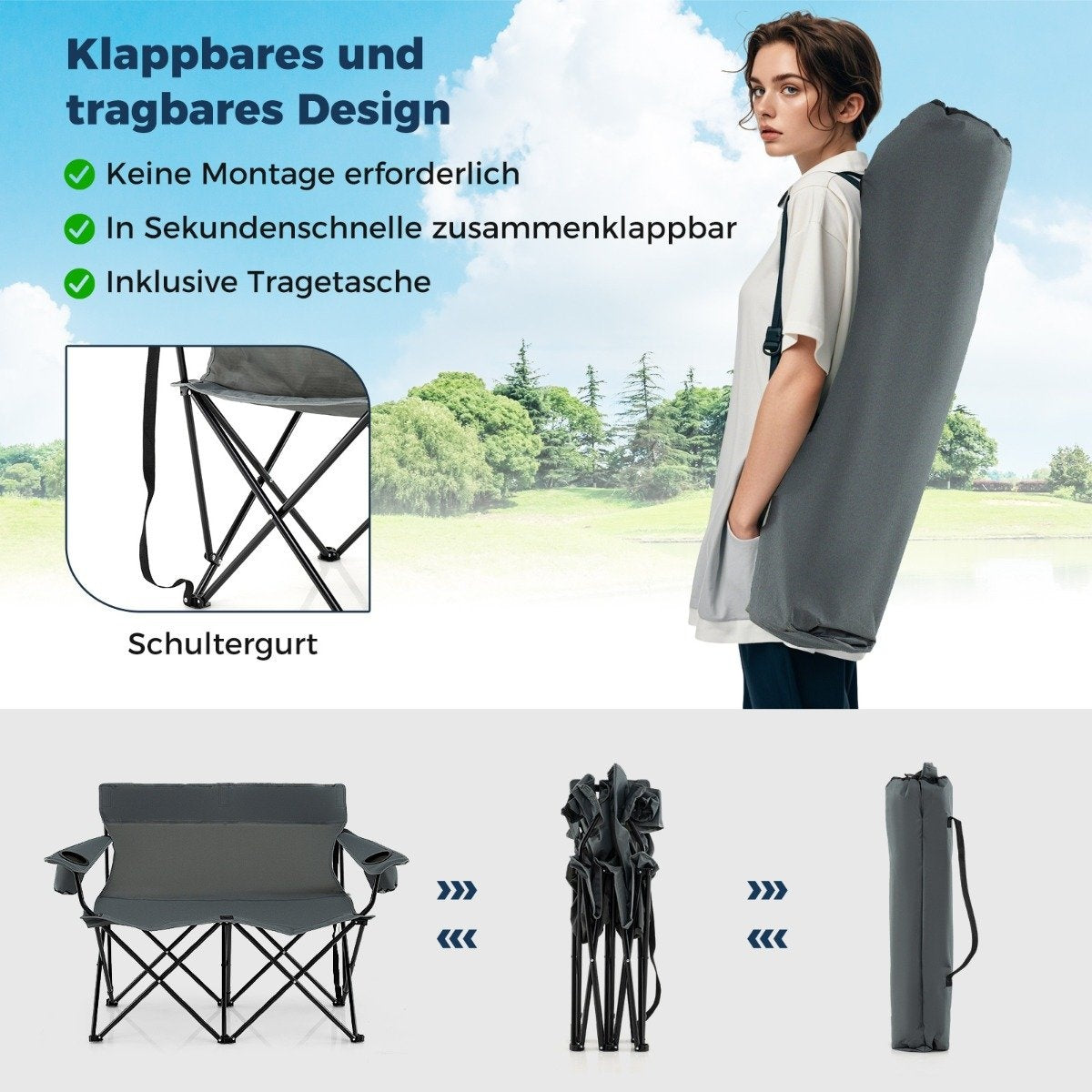 Mujer cargando una silla de camping gris plegada en una bolsa sobre su hombro al aire libre.