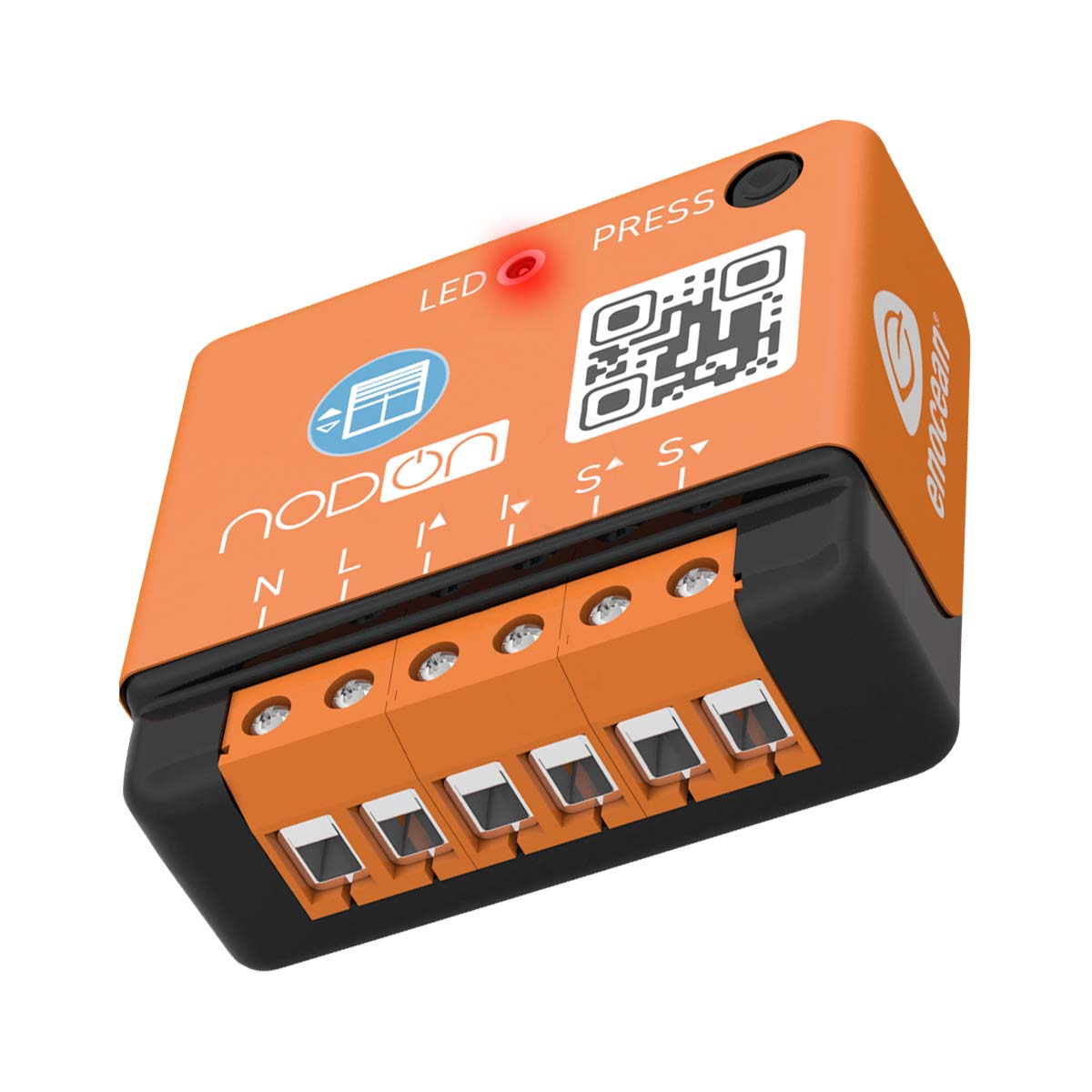 Dispositivo smart home arancione con morsetti e indicatore LED.