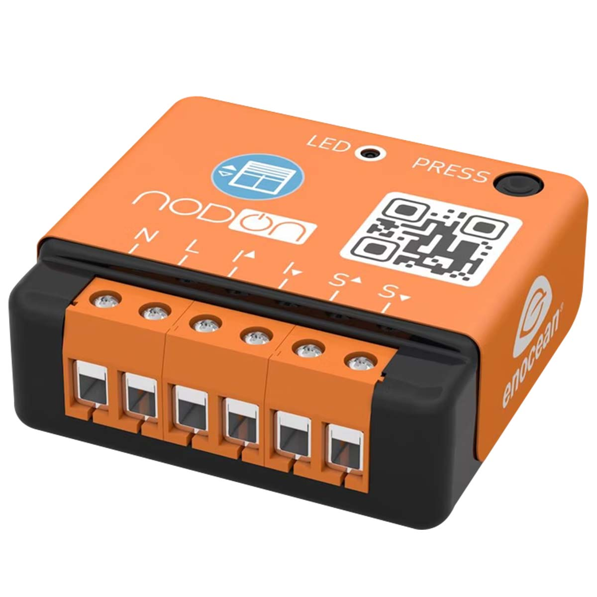 Dispositivo smart home arancione e nero con morsetti a vite e codice QR.
