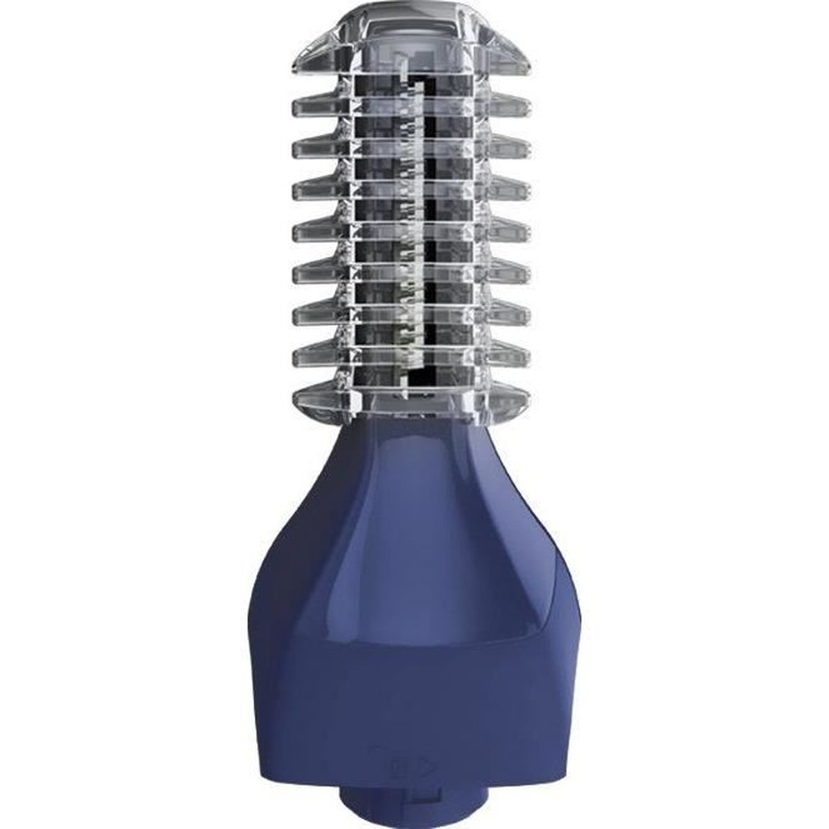 A blue grooming tool with a clear comb attachment and a silver blade.