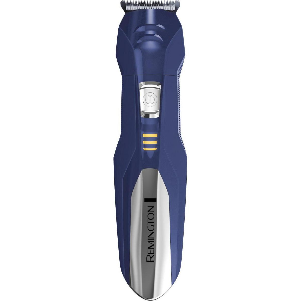 A blue Remington trimmer with a silver accent and charging indicator lights.