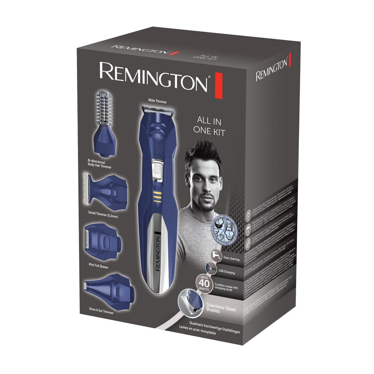 Remington All in One Kit box with trimmer, attachments, and man's face.