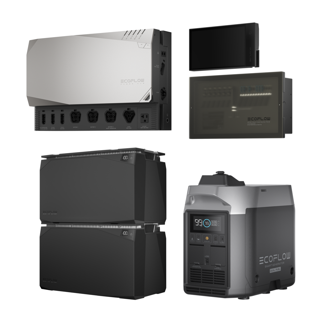 Quattro dispositivi Ecoflow: una centrale elettrica argentata, due batterie nere, un pannello di distribuzione intelligente e un generatore.