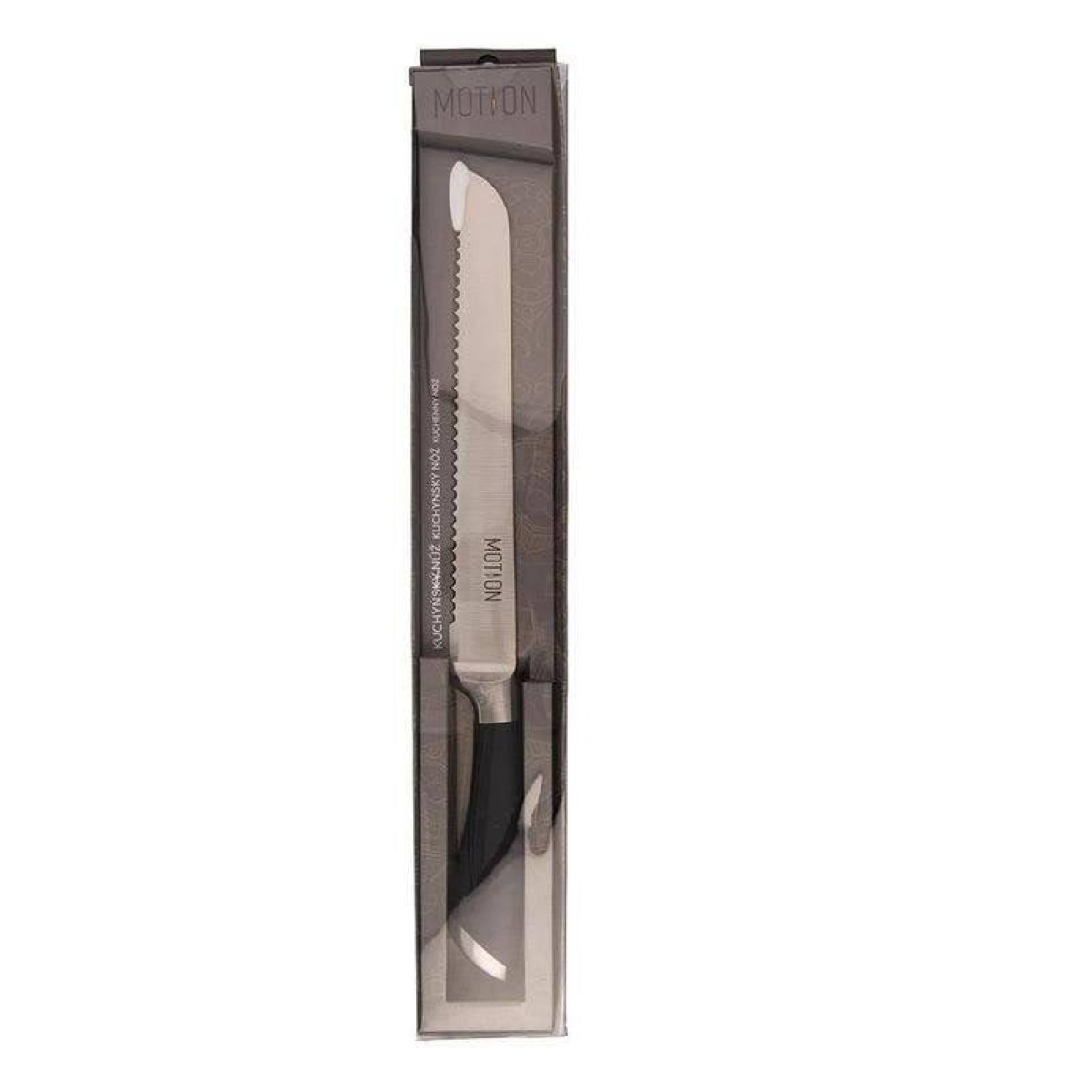 Un cuchillo de pan dentado con mango negro en embalaje transparente de la marca MOTION.