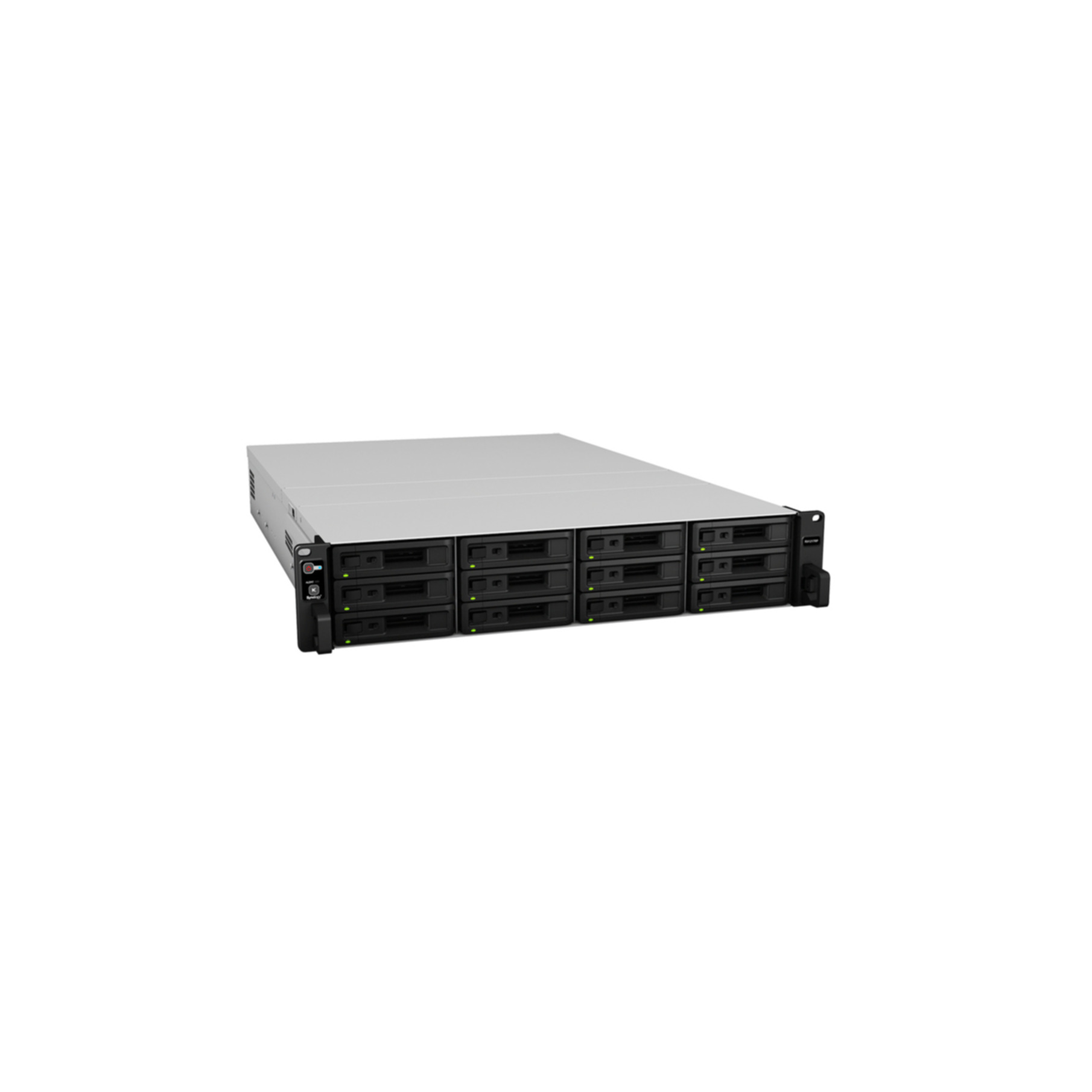 Un server rack argentato con 12 alloggiamenti e luci di indicazione verdi.