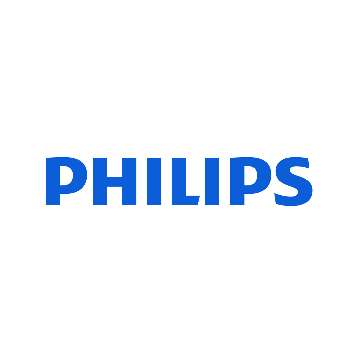 Napis PHILIPS niebieskimi wielkimi literami na białym tle.