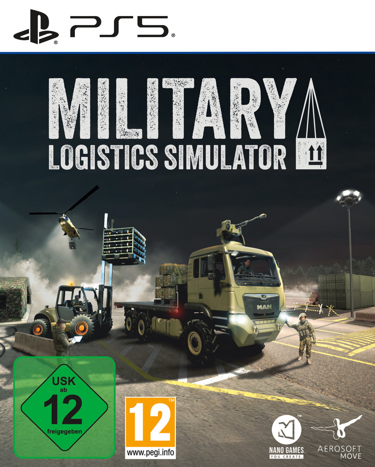 Military Logistics Simulator PS5 Cover. Ein LKW und Gabelstapler operieren in Militärzone.