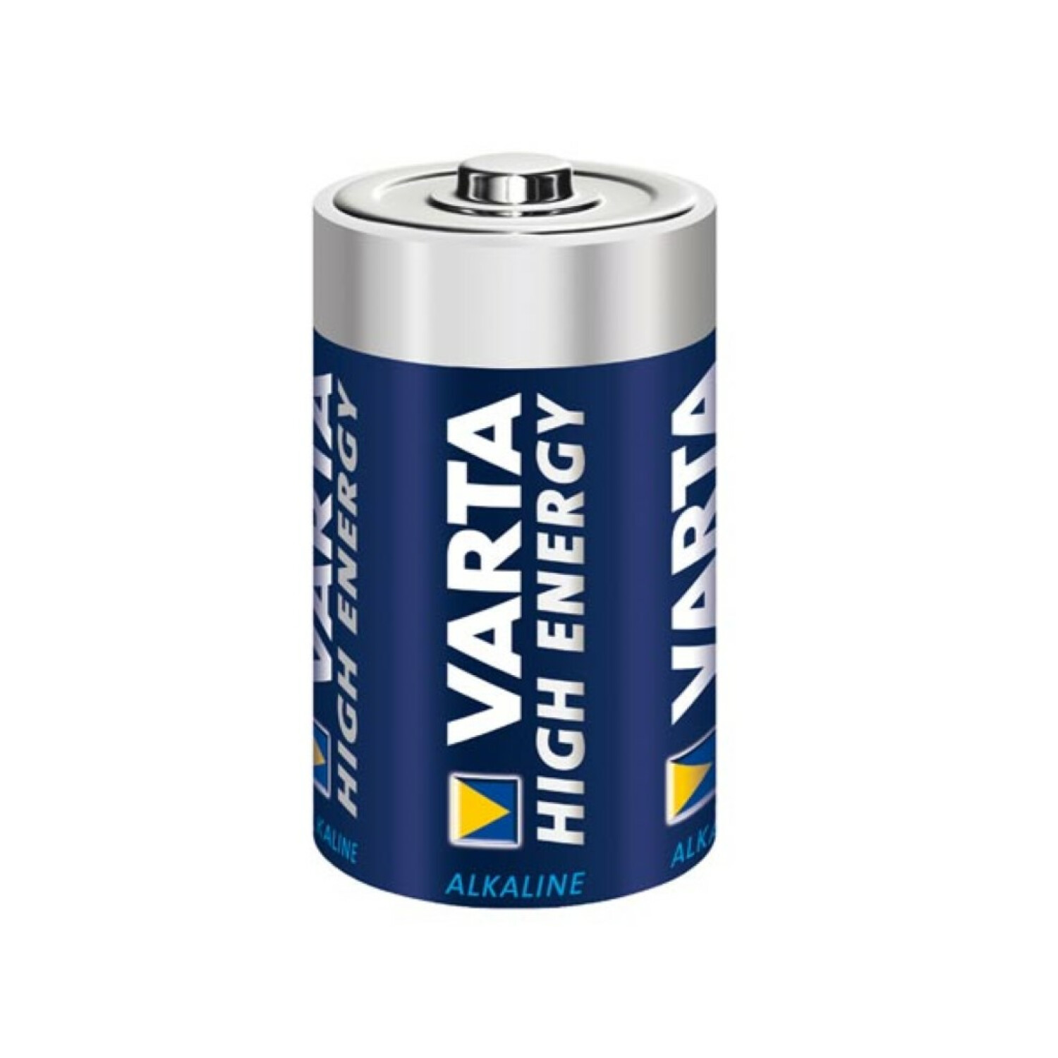 Una batteria alcalina Varta High Energy con custodia blu e argento su sfondo bianco.