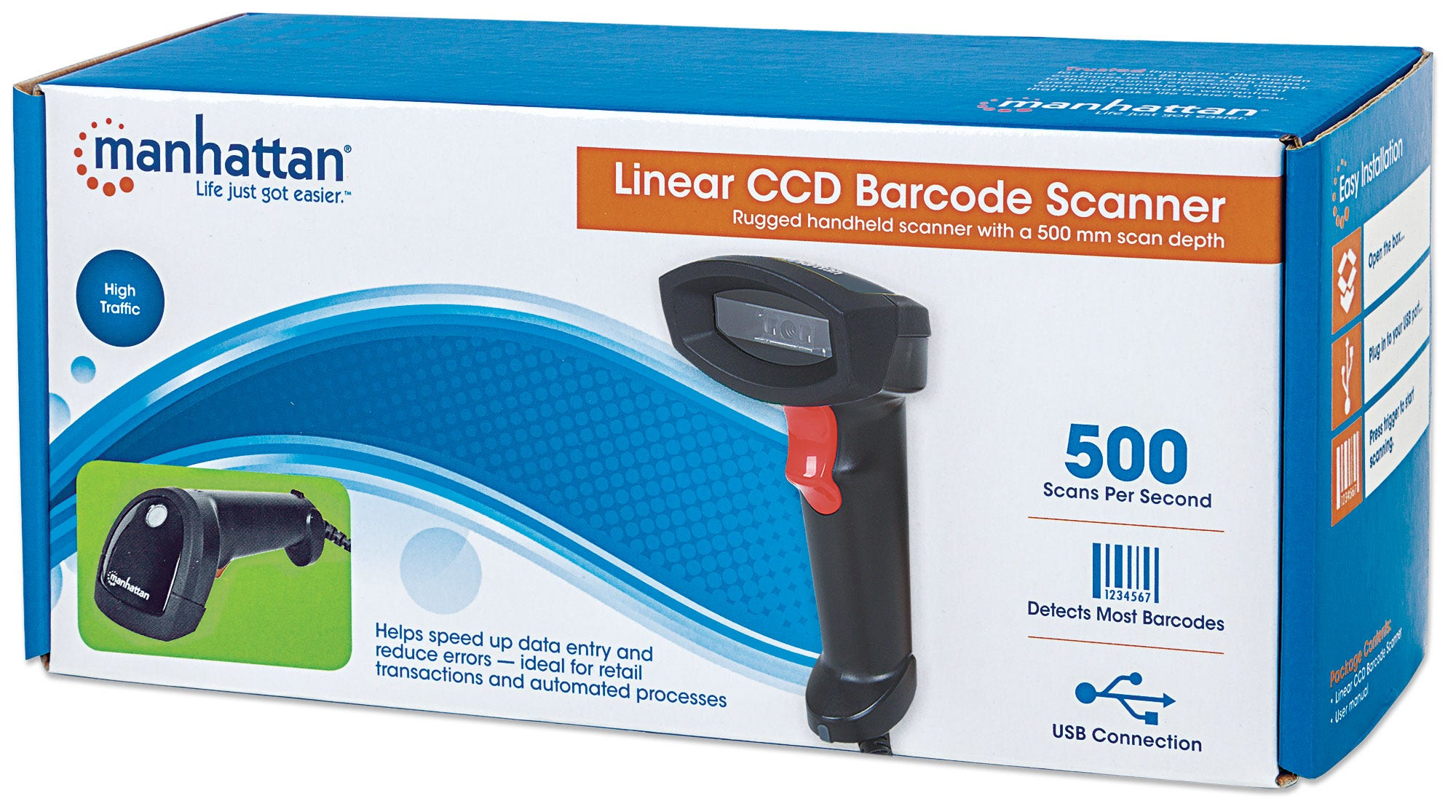 Manhattan Barcode-Scanner-Box mit Produktbild, Merkmalen und Spezifikationen.