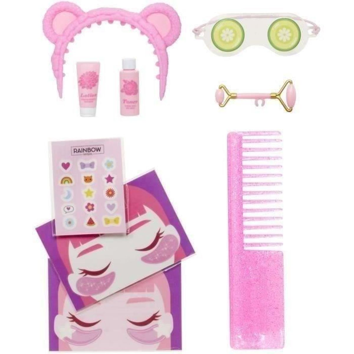 Accessori spa rosa: fascia, lozione, tonico, maschera per occhi, rullo, pettine, adesivi e fogli patch.