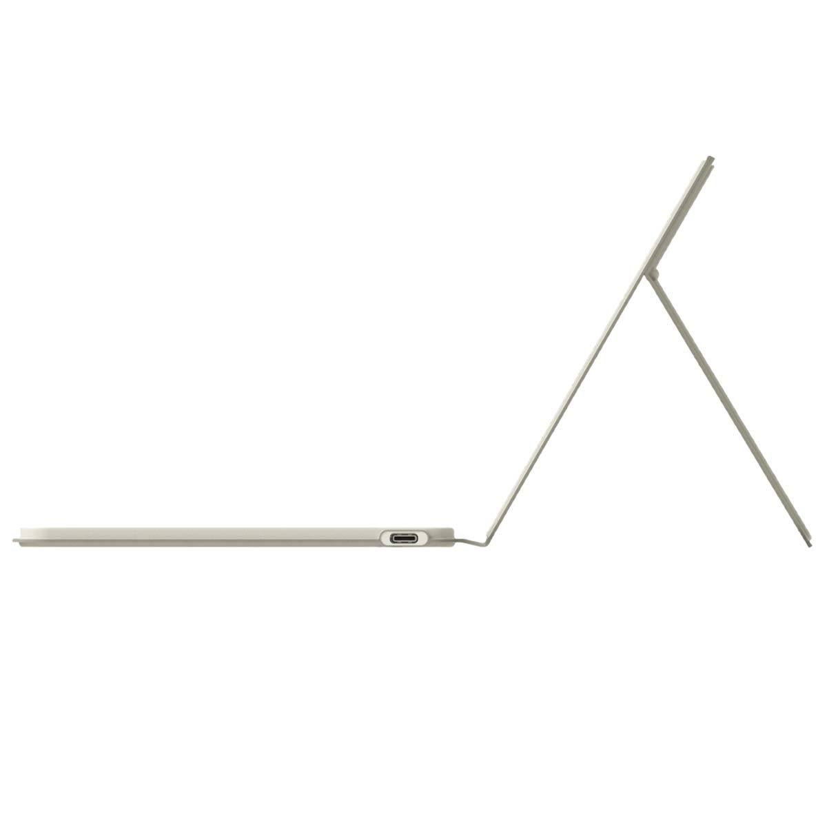 Jasnoszary laptop z otwartym ekranem, pod kątem na białym tle.