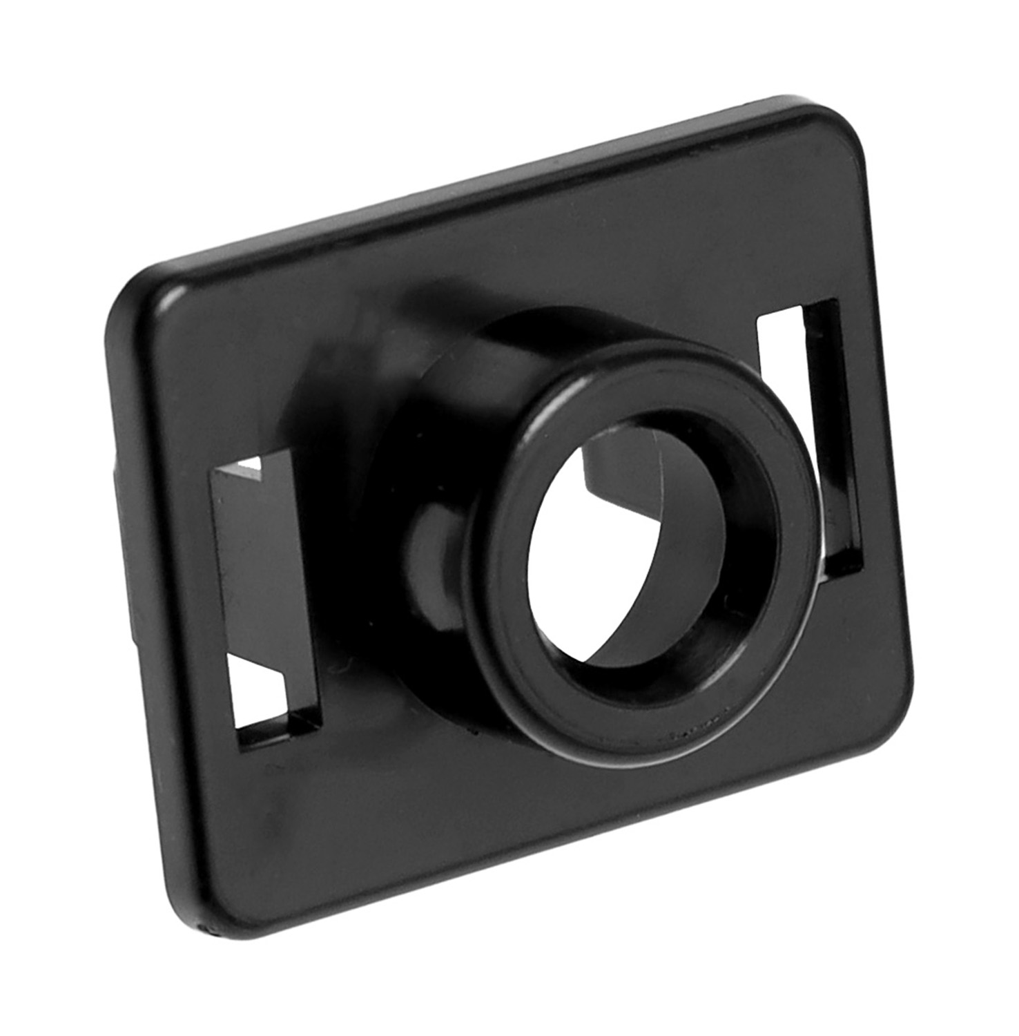Eine schwarze rechteckige Kunststoffhalterung mit einer kreisförmigen Öffnung in der Mitte.
