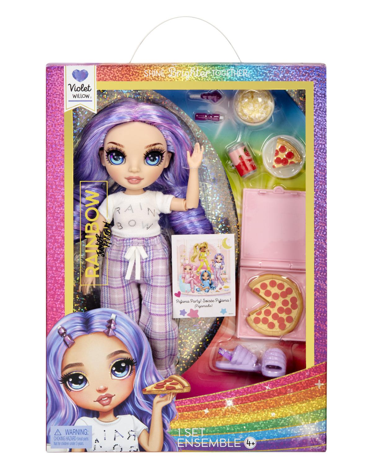 Bambola Rainbow High Violet Willow in pigiama con pizza, con accessori.
