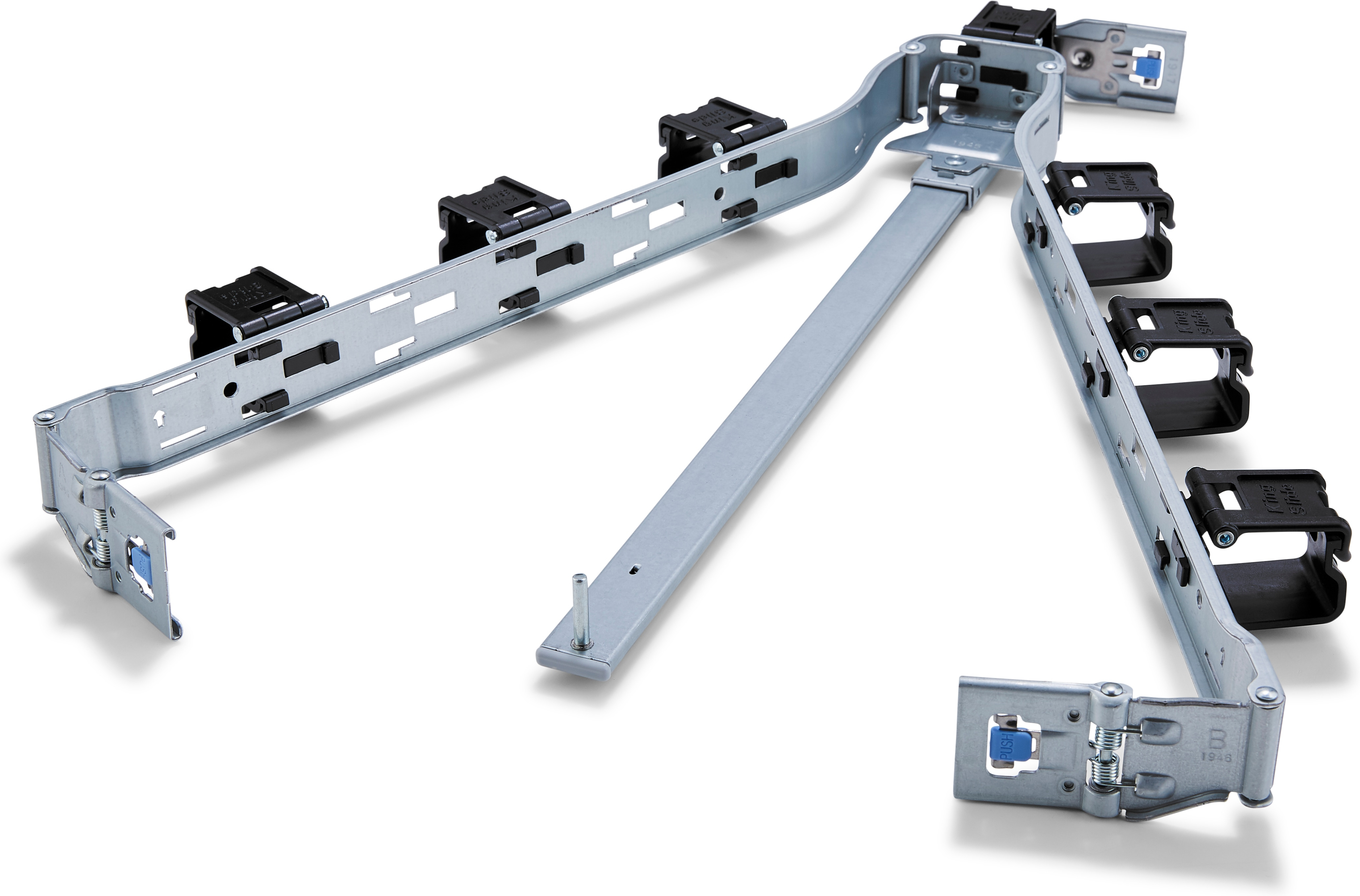 Guide scorrevoli in metallo con clip in plastica nera su sfondo bianco.