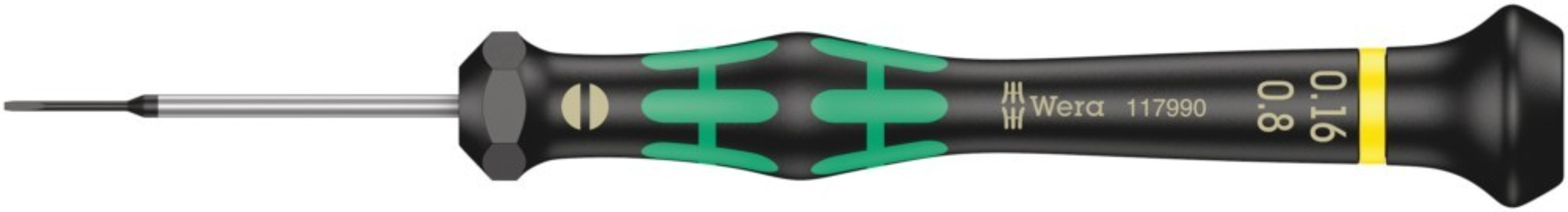 Un cacciavite Wera nero con accenti verdi e marcature di dimensioni 0.16.