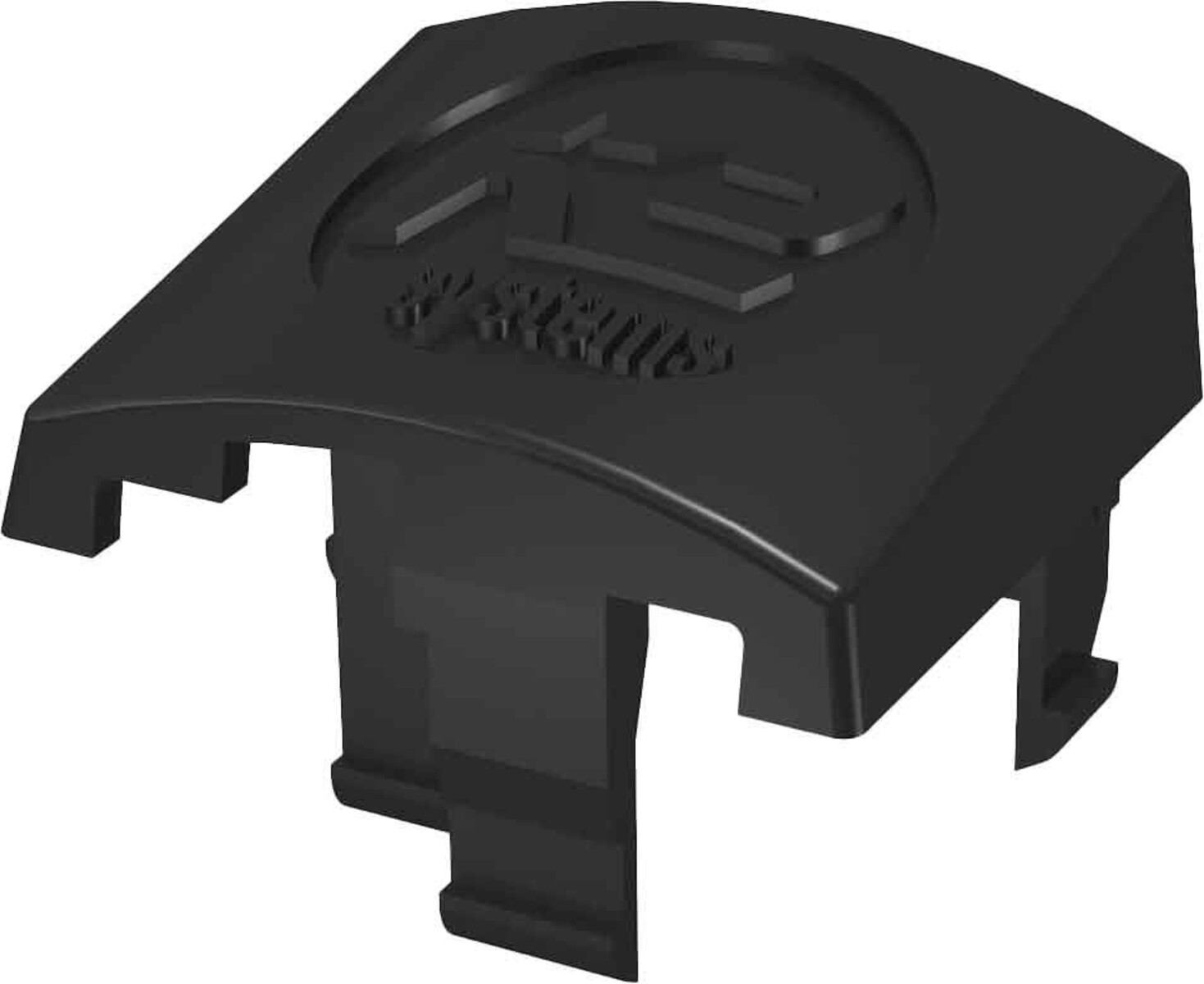 Tappo in plastica nera con logo in rilievo e clip di fissaggio.