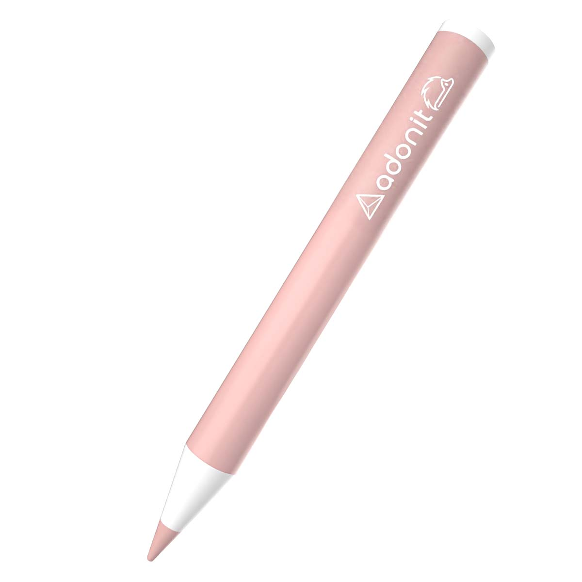Una penna stilo rosa chiaro con punta bianca e logo bianco sul lato.