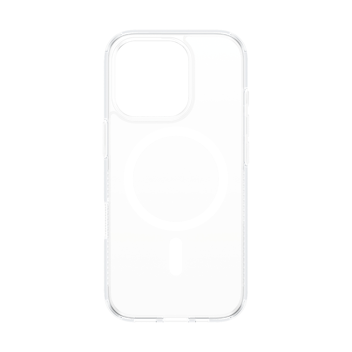 Una custodia trasparente per telefono con un anello magnetico circolare e una linea verticale.