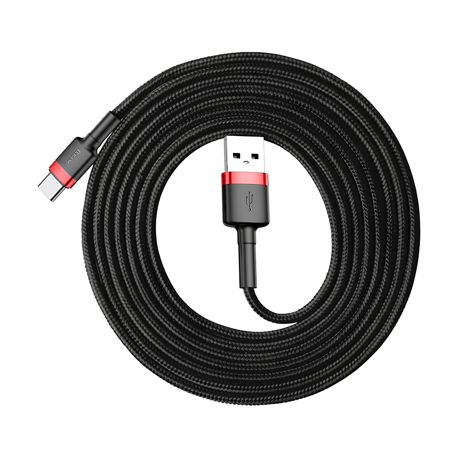 Zwijany czarny kabel USB-C do USB-A z czerwonymi akcentami na złączach.
